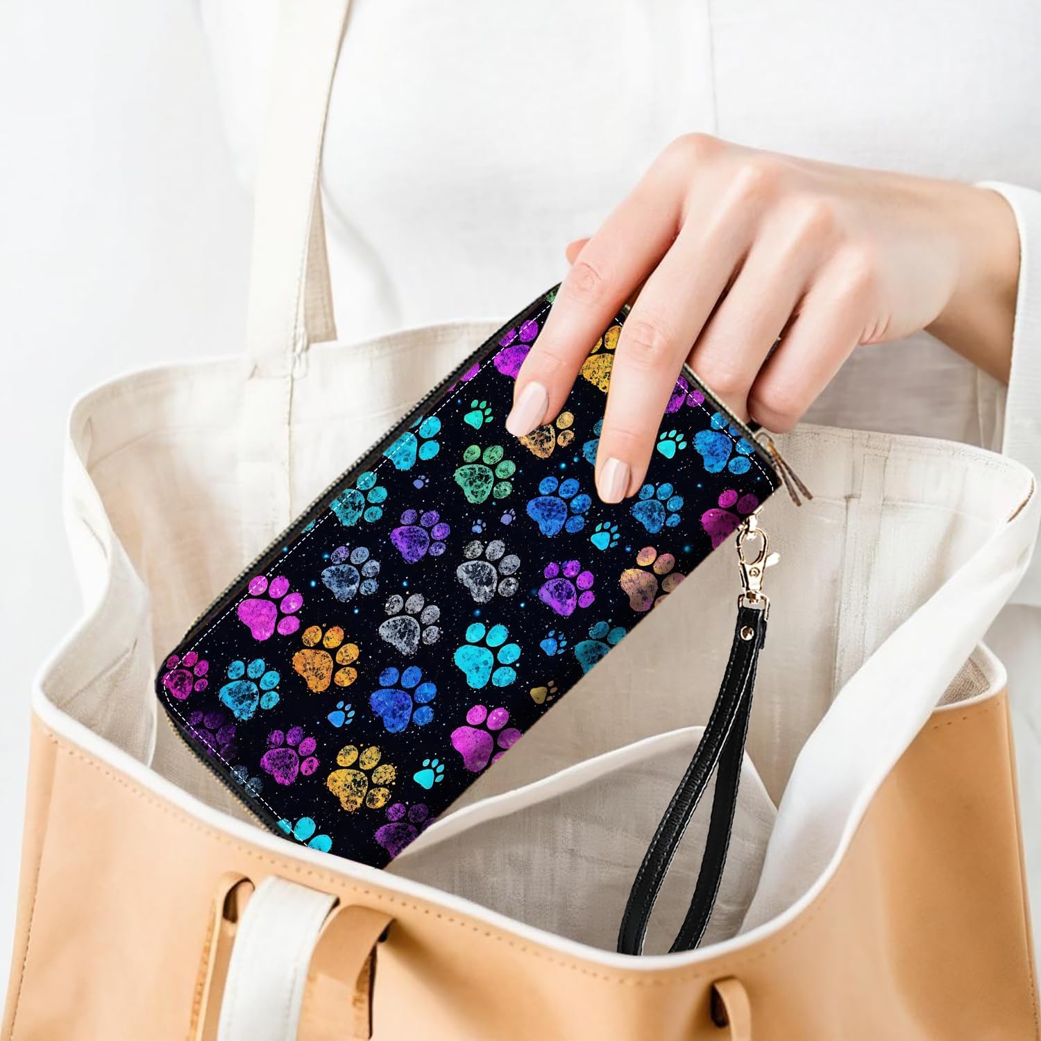 Colorful Dog Paw Prints Print Women Large Capacity PU Leather Double Zipper Wallet, Multifunctional Clutch Purse for Cash/Card/Coin/Smart Phone - Image 6