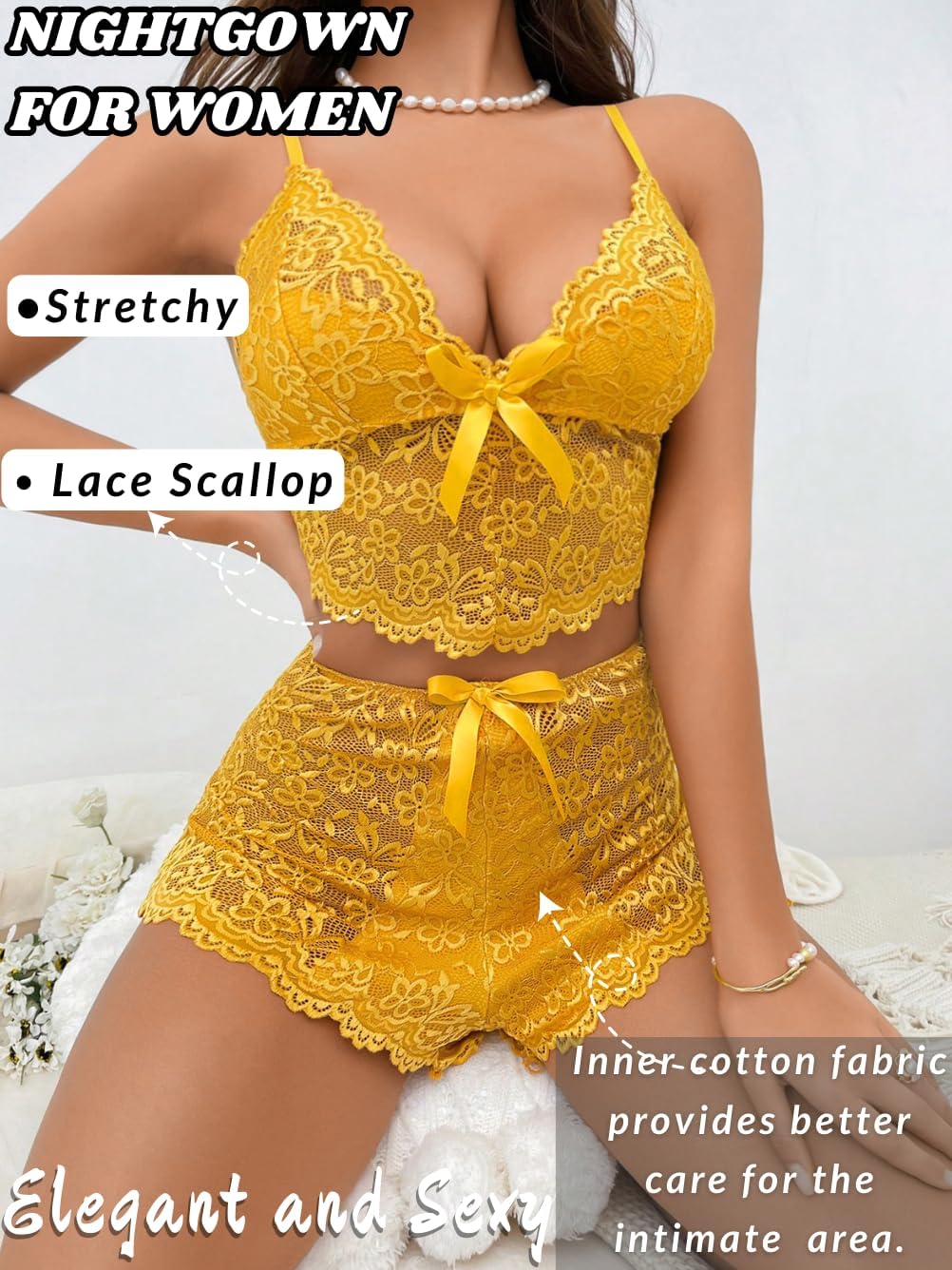 ChiaoLezhee Bow Tie Sexy Lace Sheer Pajama Lingerie Set for Women, Floral Bra and Panty Set 2 Piece High Waisted Sleepwear