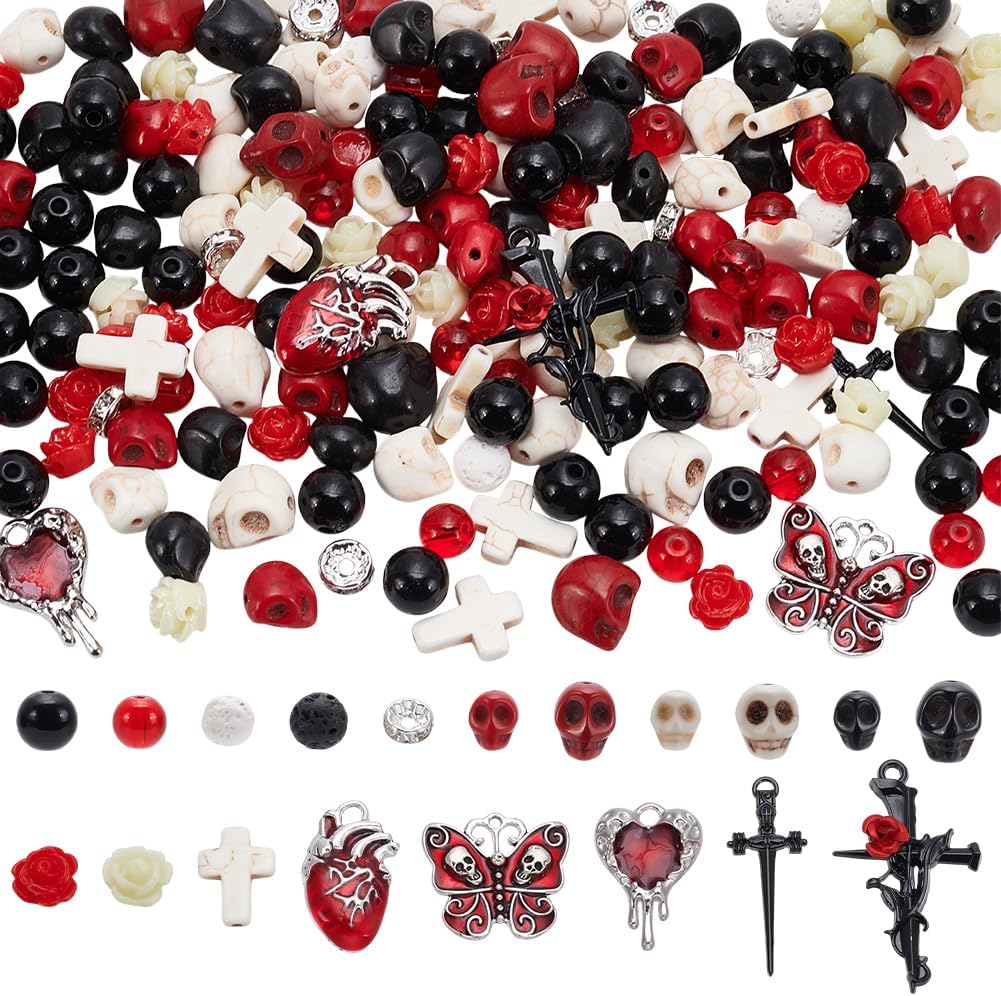 SUNNYCLUE 263Pcs Skull Beads Skeleton Beads Natural Lava Rock Cross Charms Black Red White Halloween Gothic Rose Flower Spacers for Jewelry Making Bracelets Necklaces DIY Crafts Gift Holiday Women
