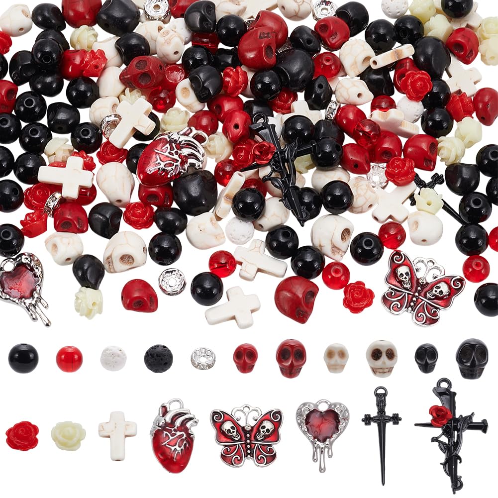 Perles en forme de crâne SUNNYCLUE 263 pièces avec pierres de lave style gothique pour bijoux