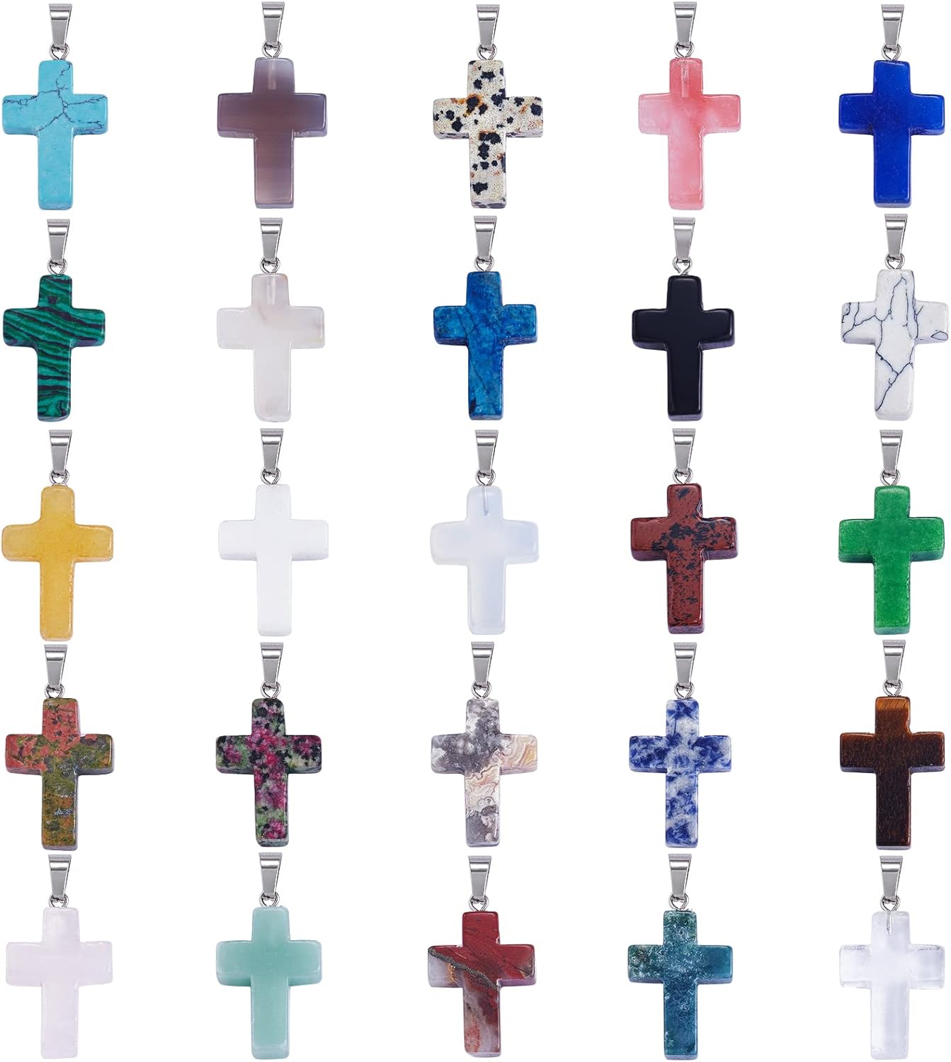 25 Pieces Cross Gemstone Charm Pendant Natural Stone Crystal Cross Pendant with Tone Stainless Steel Findings for Jewelry Making Crafts