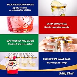 JOLLY CHEF 200 Pack 12 oz Gold Plastic Cups Elegant Gold Rimmed Disposable Cups Heavy-Duty Party Cups for Wedding, Thanksgiving, Christmas Parties