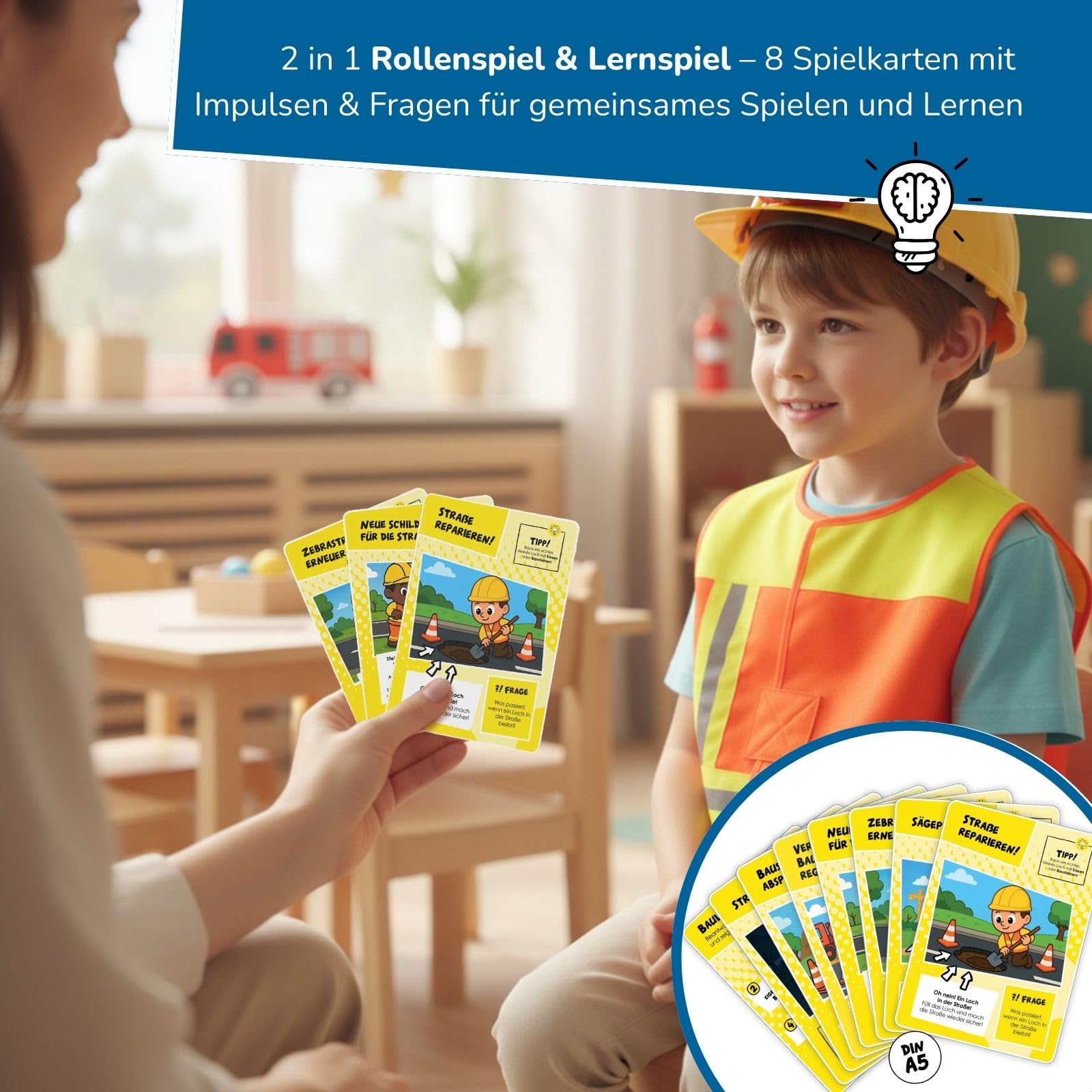 alldoro Rollenspielsets Feuerwehr/Polizei/Bauleiter, Kostüm mit Weste, Kopfbedeckung & Zubehör, inkl. Spielkarten, für Kinder ab 3 Jahren