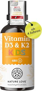 NATURE LOVE® Vitamin D3 + K2 Kinder (20ml) - 800 I.E. Vitamin D3 pro Tagesdosis- hoch bioverfügbar & laborgeprüft - in MCT-Öl - optimal dosiert für kids