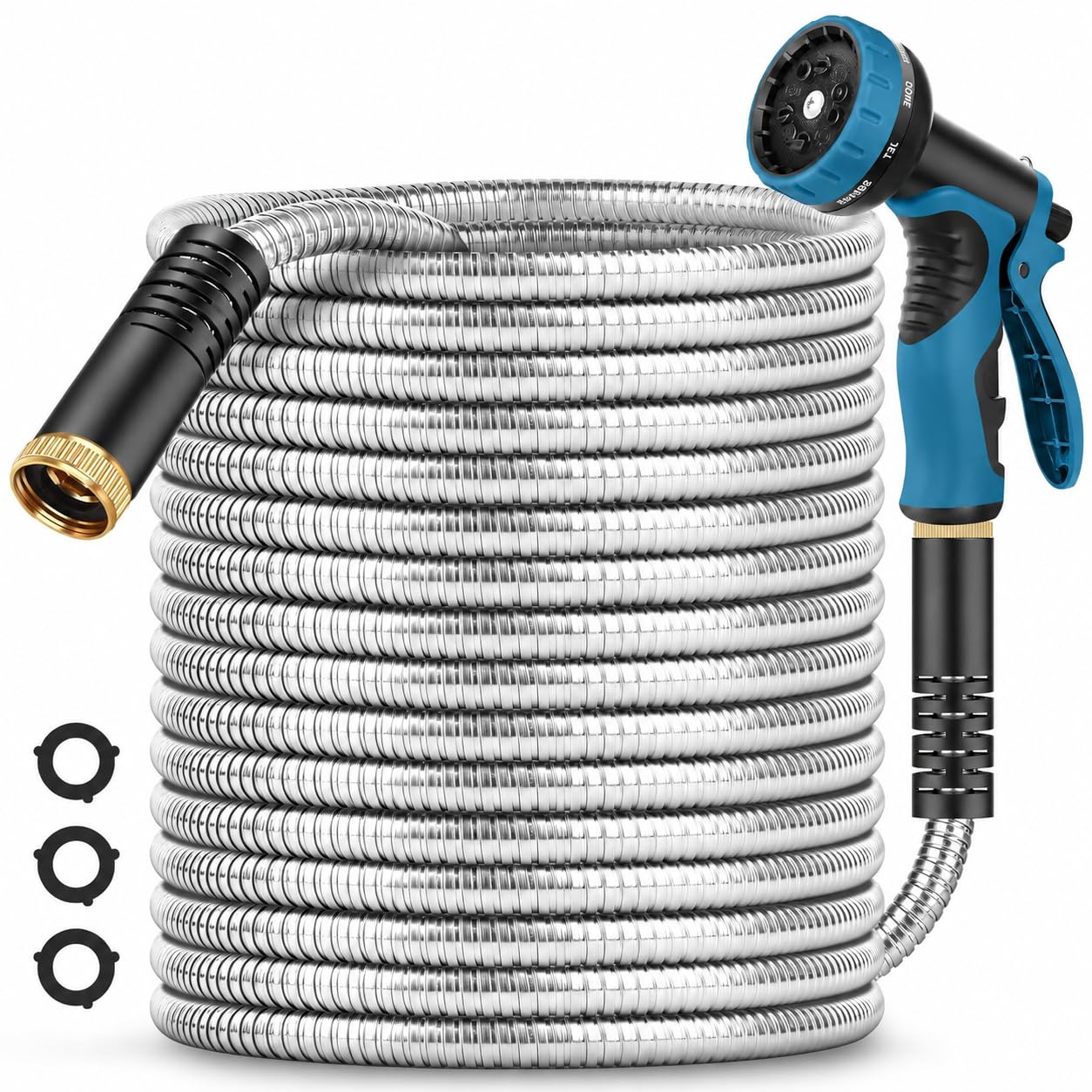 Garden Hose 100ft, Metal Water Hose, Kink-Free, Flexible Stainless Steel Hose, Heavy Duty Abrasion Resistant Leakproof Hose with 10-Function Spray Nozzle for Yard, Lawn, Outdoor, Marine and Camper