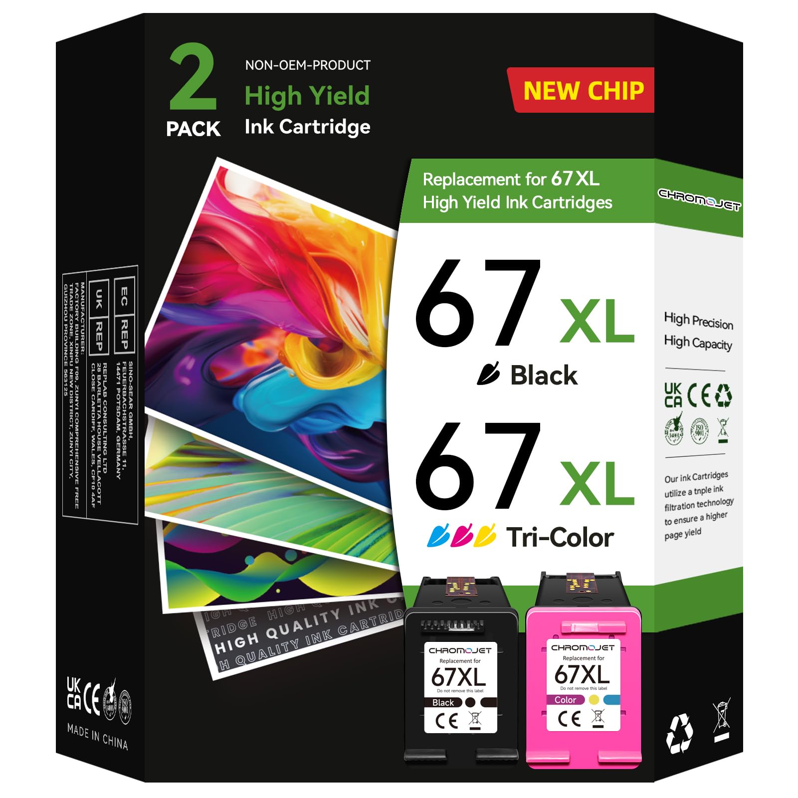 Chromojet 67XL Ink Cartridges Black/Color Combo Pack Compatible for HP Ink 67 67XL Printer Ink 67 Fit for DeskJet 4155e 2855e 2755e 2700 2700e 2800e 4100 Envy 6055e 6455e 6000 6400 Printer
