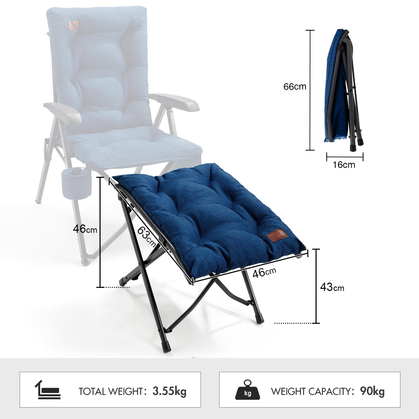 EVER ADVANCED Repose-pieds de camping pliable ergonomique，avec coussin | Repose-pieds pliable 47cm, support pour chaise de jardin et balcon, avec sac de transport, bleu