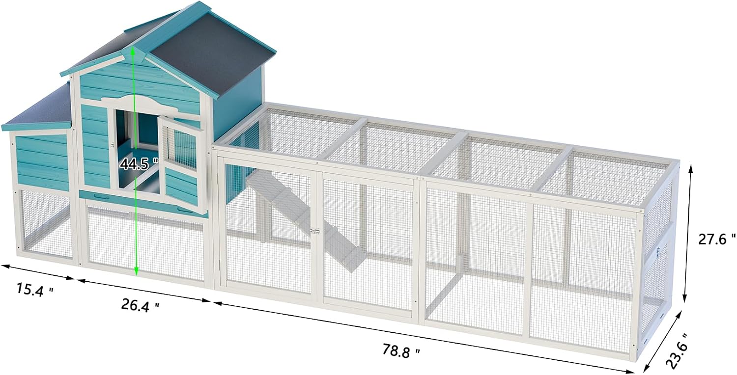 Wooden Chicken Coop with Nesting Box, 120.6" Large Chicken House Poultry Pet Hutch with Free-Range Door and All-Weather Asphalt Roof, Outdoor Chicken Tractor with Sliding Tray, Blue