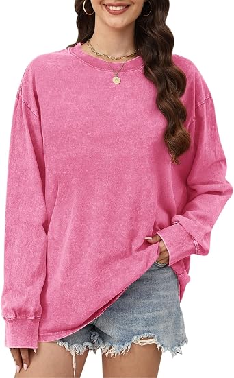 Wrenpies Oversized Long Sleeve Shirts for Women Acid Wash Tshirts Loose Fit Vintage Casual Basic Baggy Cozy Crewneck Tops