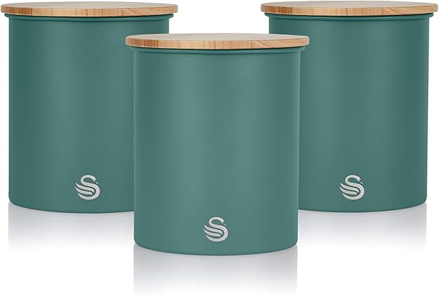 Swan SWKA17513GREN Nordic Scandi Set of 3 Storage, Tea, Coffee and Sugar Canisters, Pine Green, Steel, Bamboo Lid, 1 Size