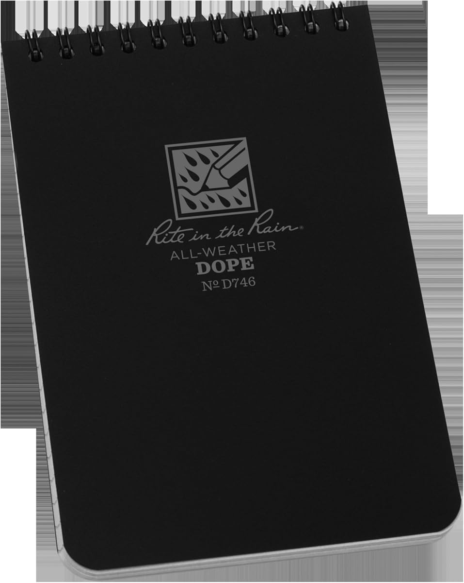 Rite in the Rain Cuaderno de registro DOPE en espiral superior resistente a la intemperie, 4" x 6", cubierta negra, frente con patrón DOPE, parte posterior con patrón universal (No. D746)