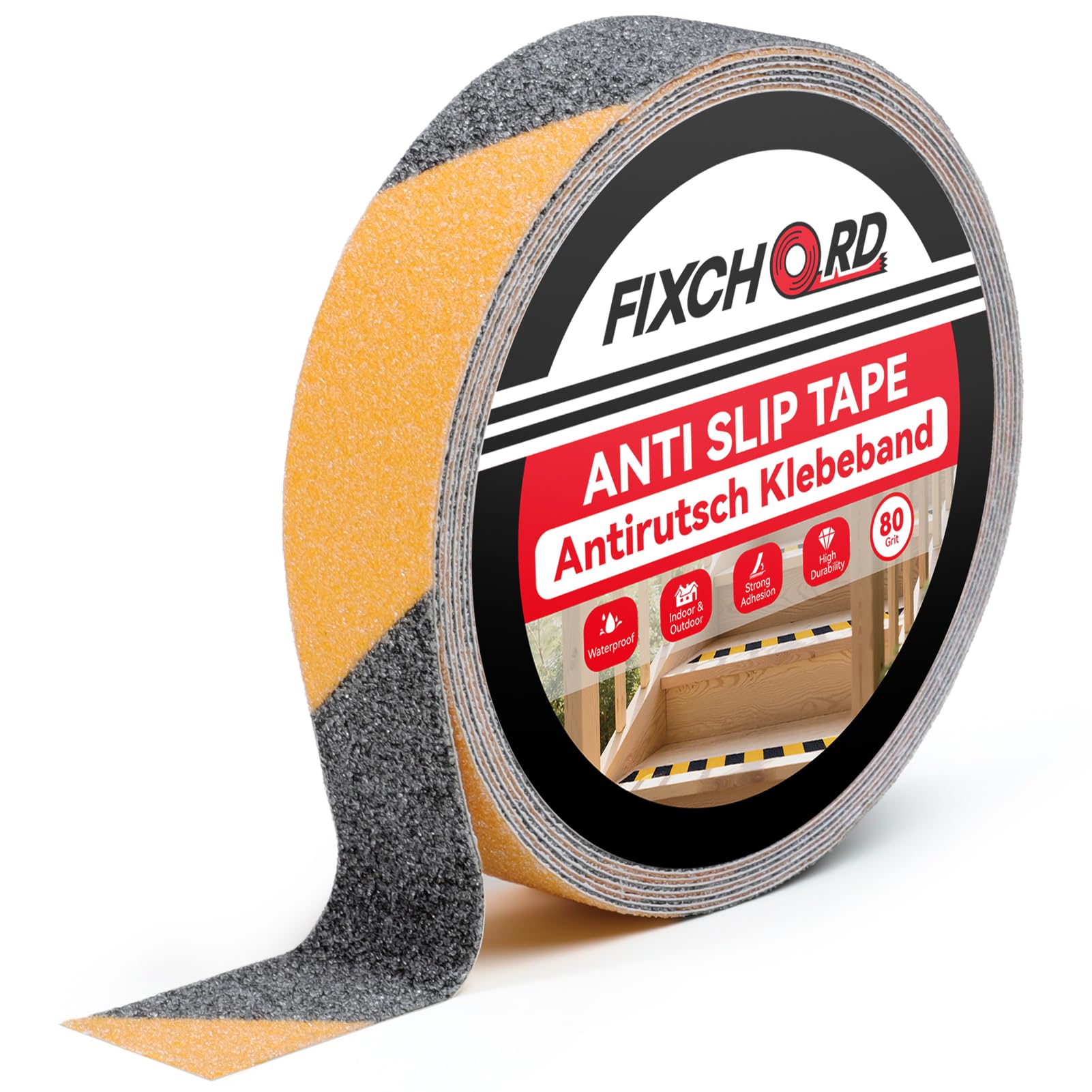 FIXCHORD Antirutsch Klebeband für Stufen, 5mx25mm Schwerlastiges Antirutsch Streifen für Innen & Außen, antirutsch klebeband streifen, Wasserdicht, Hohe Griffigkeit, 80-Körnung, Gelb-Schwarz