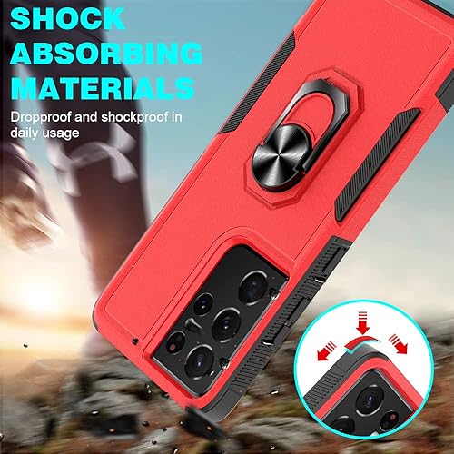 Miniatura 5 de Funda para Samsung Galaxy S21 Ultra 5G AWZHYDT de doble capa a prueba de golpes magnética con soporte de anillo resistente y (2 unidades) película