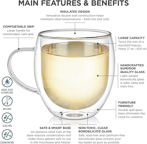 Miniatura 3 de Teabloom Tazas de vidrio de borosilicato aisladas de gran tamaño (17 oz / 16.9 fl oz) – El juego incluye 2 tazas + 2 tés florecientes – Vasos de
