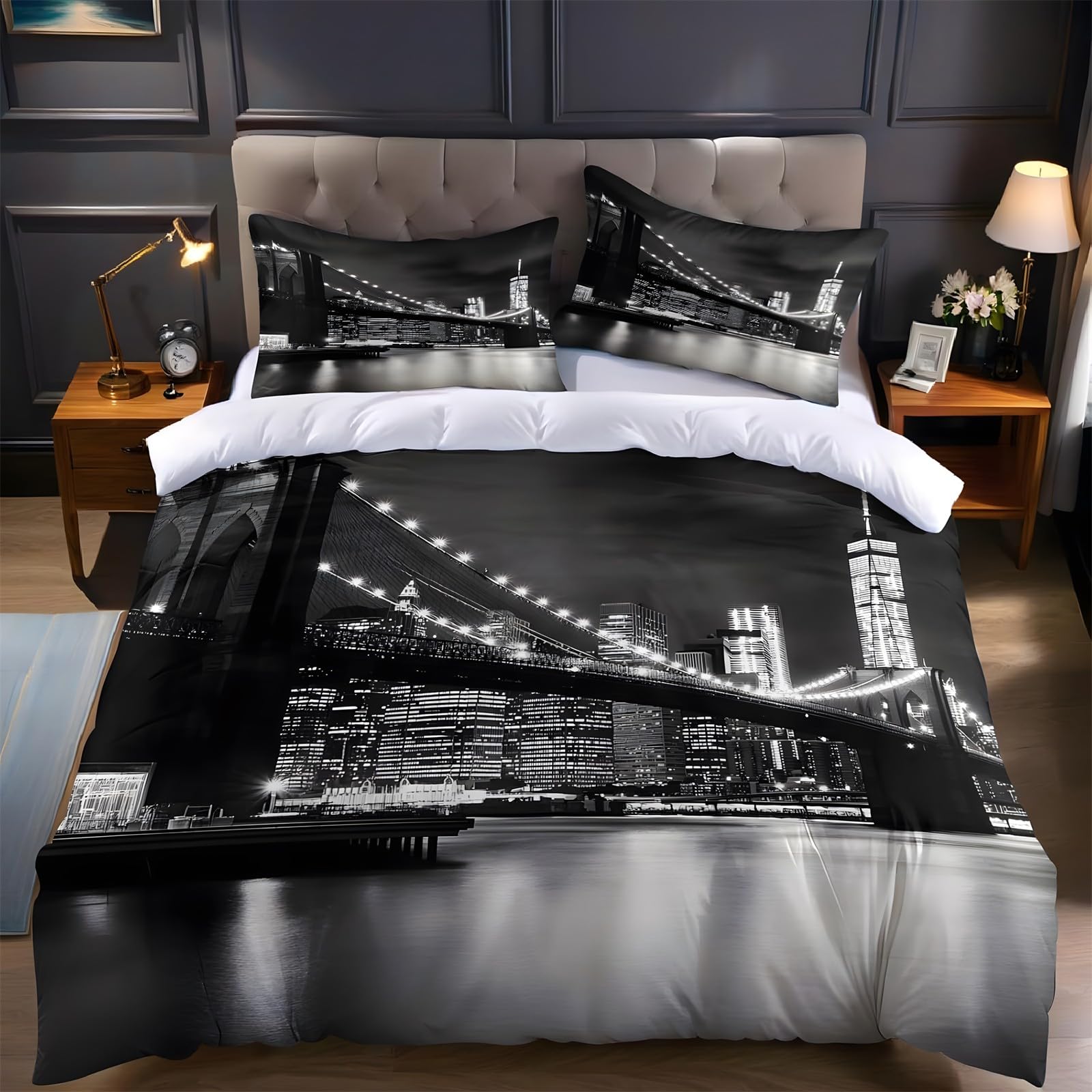 Ypthriline Double Bedding Set Night Scene Bedding Set Microfiber Black White Duvet Covers with Pillowcases Reversible Bedding With Zipper Closure 200x200CM