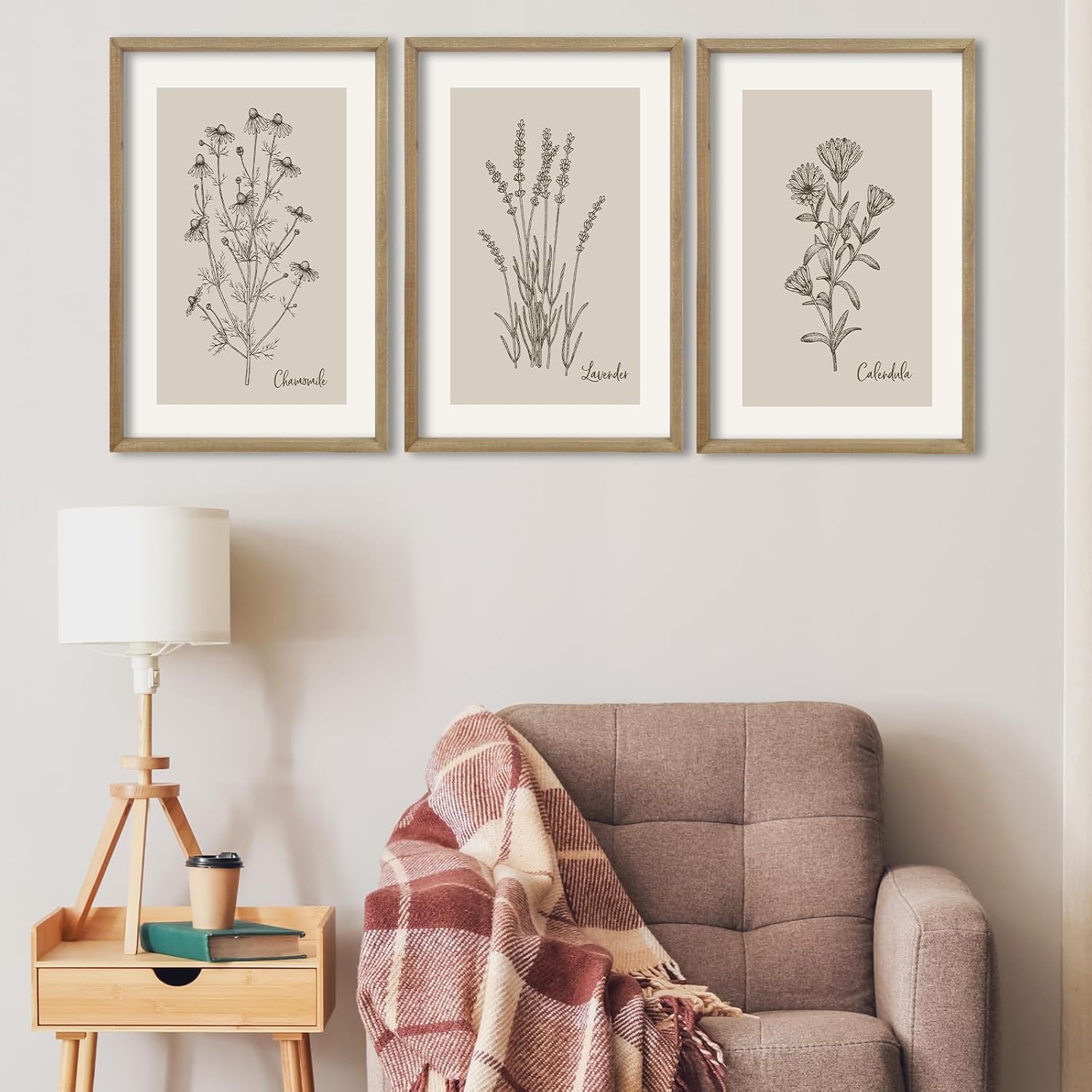 TQianJiang Vintage Botanical Wall Art 24"x16" Set Of 3 Wood Framed Wildflower Pictures Wall Decor for Bedroom Minimalist Wall Hanging (Wood)