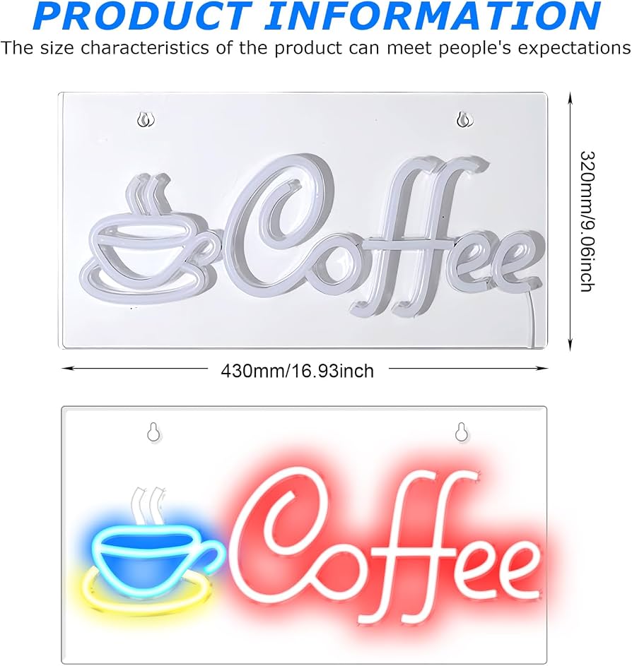 NELUX Coffee - Luce Neon LED Caffetteria o Bar, Caffé Scritte Neon Decorazioni, Insegna Luminosa LED Tavola, Luce Vintage, Lettere Luminose Grandi. Include Telecomando e Adattatore