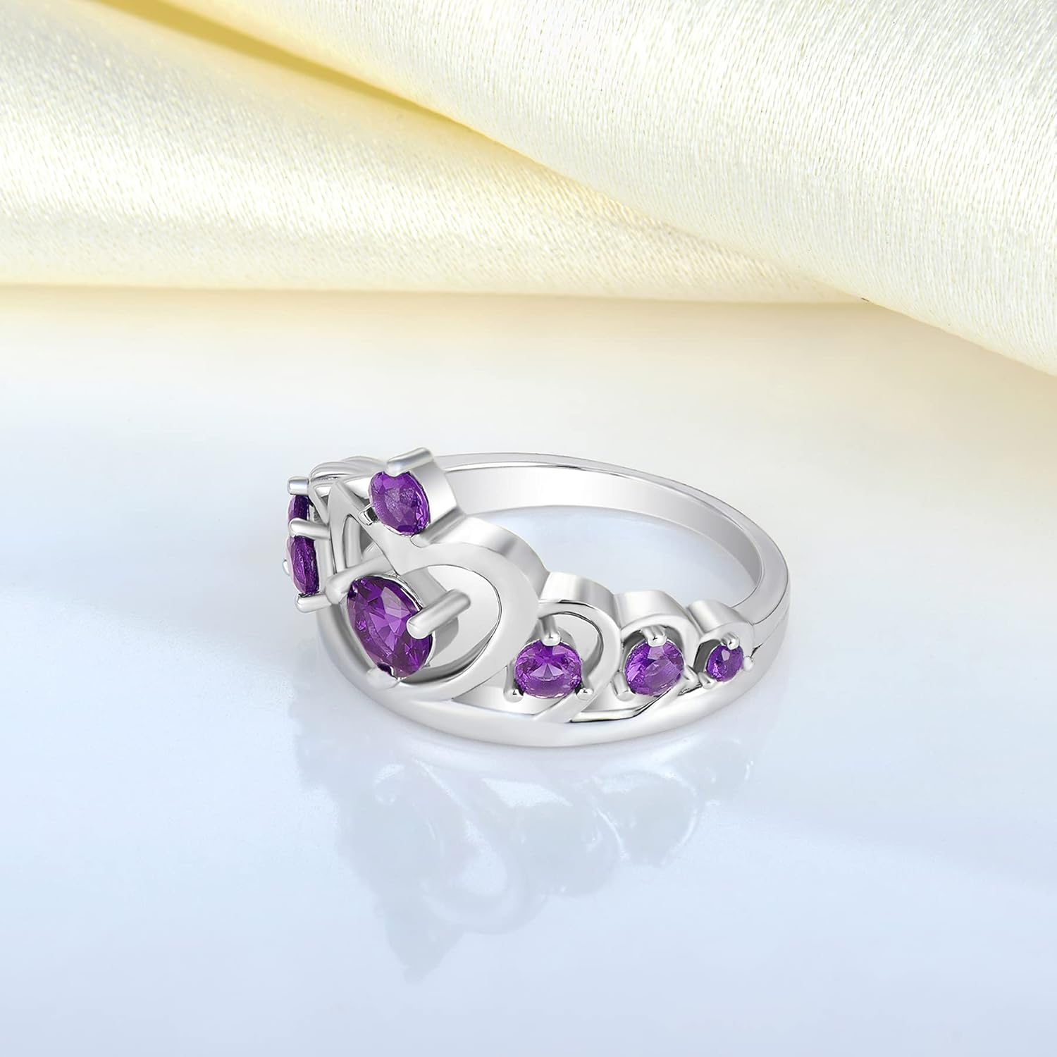 YL Princess Crown Diana Heart Ring for Women, Solid Sterling Silver 18K White Gold Plated Tiara Promise Created Birthstone Jewelry Gifts