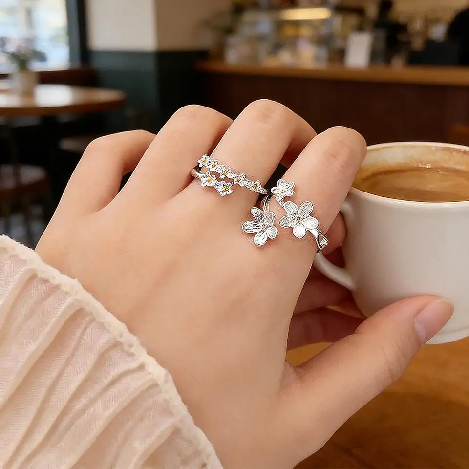 1 Pair Silver Dainty Camellia Flower Ring for Women Sparkling White Ring for Mother Daughter Elegant Wedding Jewelry Open Wrap Finger Band Graduation Gift (17mm)