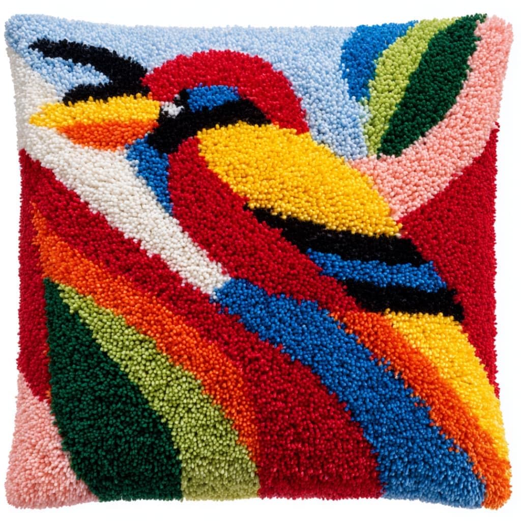 Taxpy DIY Latch Hook Pillow Kit Pre-Printed Hook and Latch Rug Kits Bird 17X17 Inch.Cross-Stitch Embroidery Cushion Cover for Home Sofa Decoration