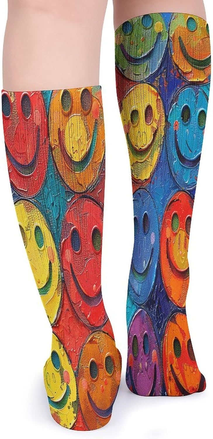 Colorful Happy Face Crew Socks Casual Breathable Calf Socks | Cushion Running Athletic Socks Long Performance Breathable Sports Socks for Women Men