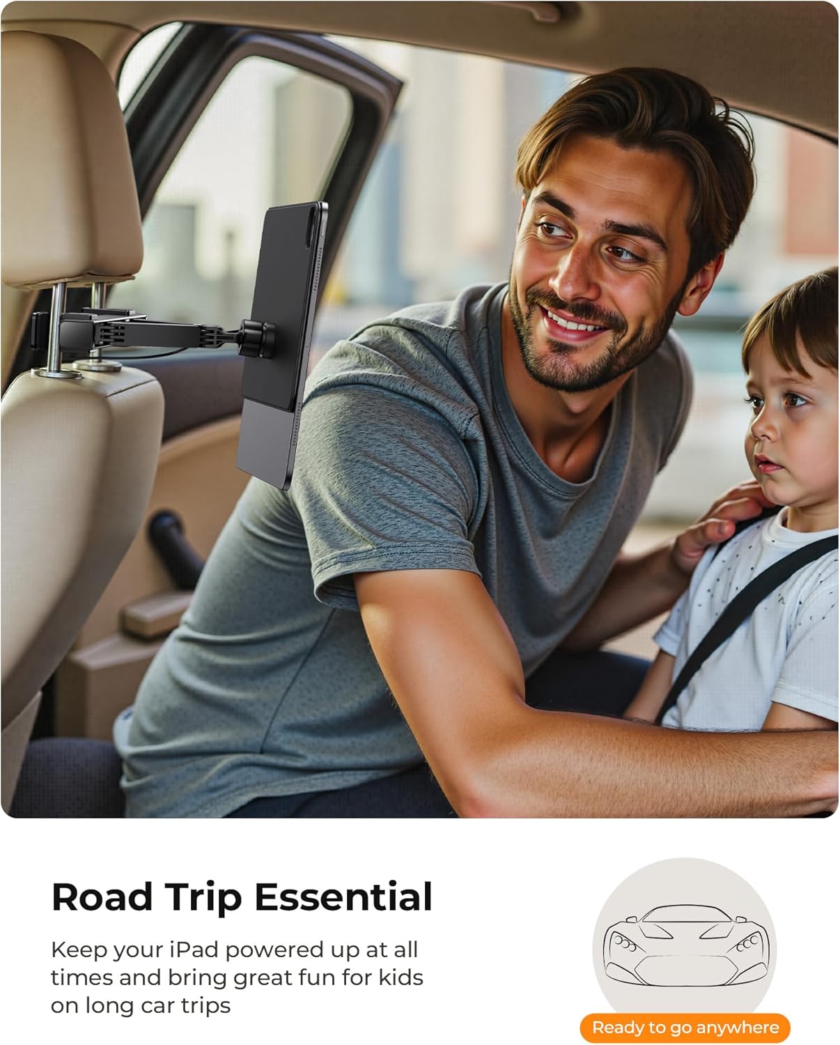 KU XIU Magnetic Wireless Charging Car Headrest Tablet Holder for iPad Pro 13'' M4/M5 Only, Tablet Car Back Seat Mount for Kids, Road Trip Essentials Trave Holder with Air Vent Stand, 2M USB-C Cable
