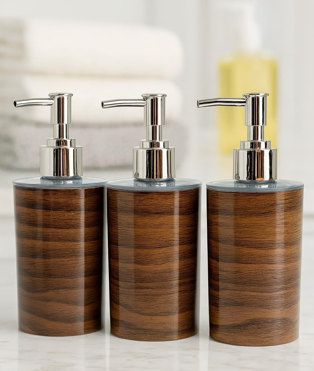 Refillable Liquid Soap Dispenser – Unbreakable Plastic Pump Bottle for Handwash, Sanitizer, Lotion, or Shampoo | Reusable Bathroom & Kitchen Dispenser (250ml) (Wooden Line, Pack of 3)
