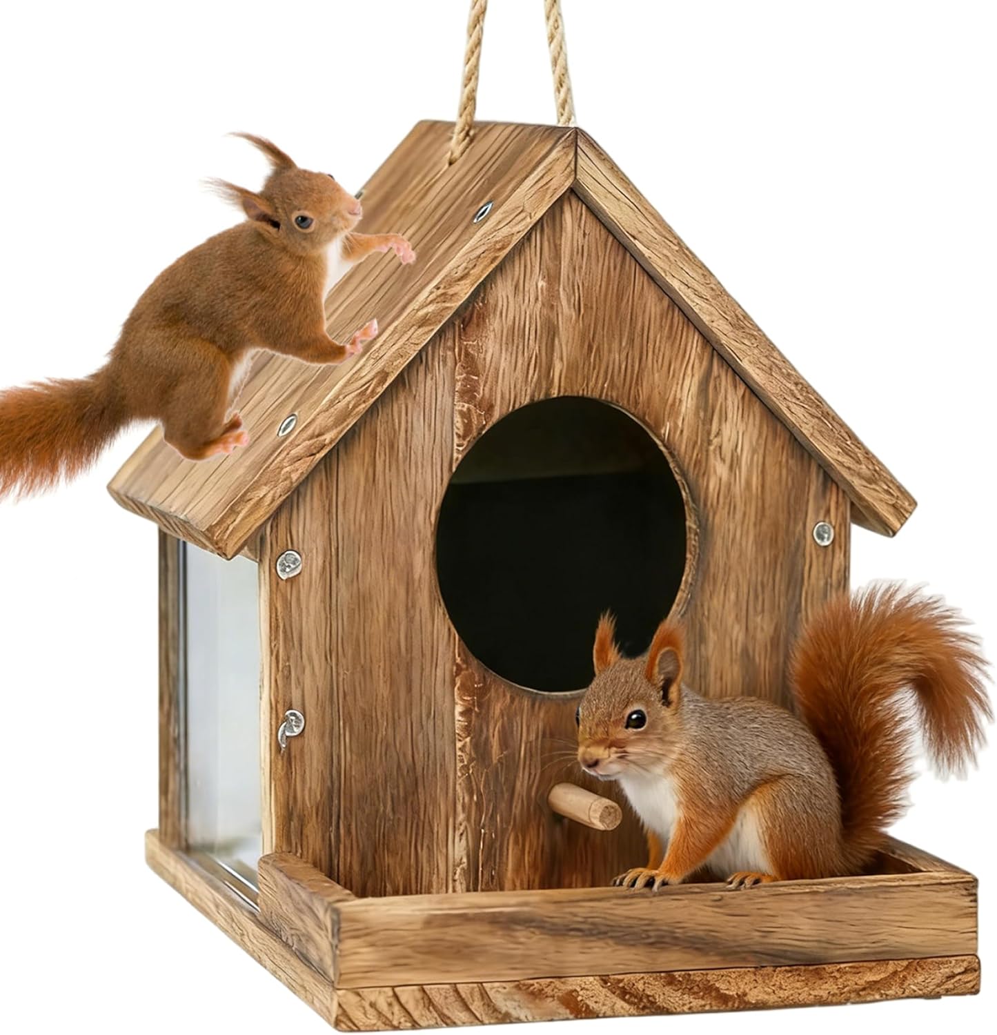 Squirrel Box Squirrel Feeders, Wooden House with Viewing Window, Easy to Assemble Wildlife Feeding Station for Garden & Backyard