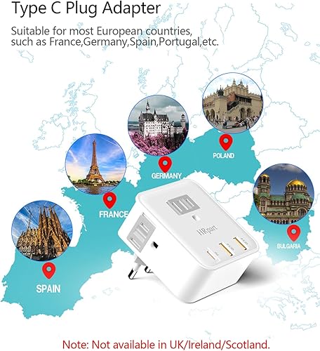 Miniatura 3 de HRpart - Paquete de 2 adaptadores de enchufe de viaje de Estados Unidos a Reino Unido Irlanda, accesorios de viaje internacionales, con puerto PD3.0