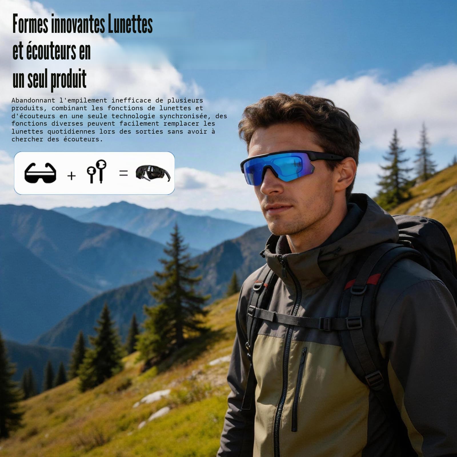 Lunettes connectées pour le cyclisme, lunettes de soleil intelligentes IA | Lunettes Bluetooth à oreille ouverte - Verres polarisés, traduction en 172 langues, protected UV 100%