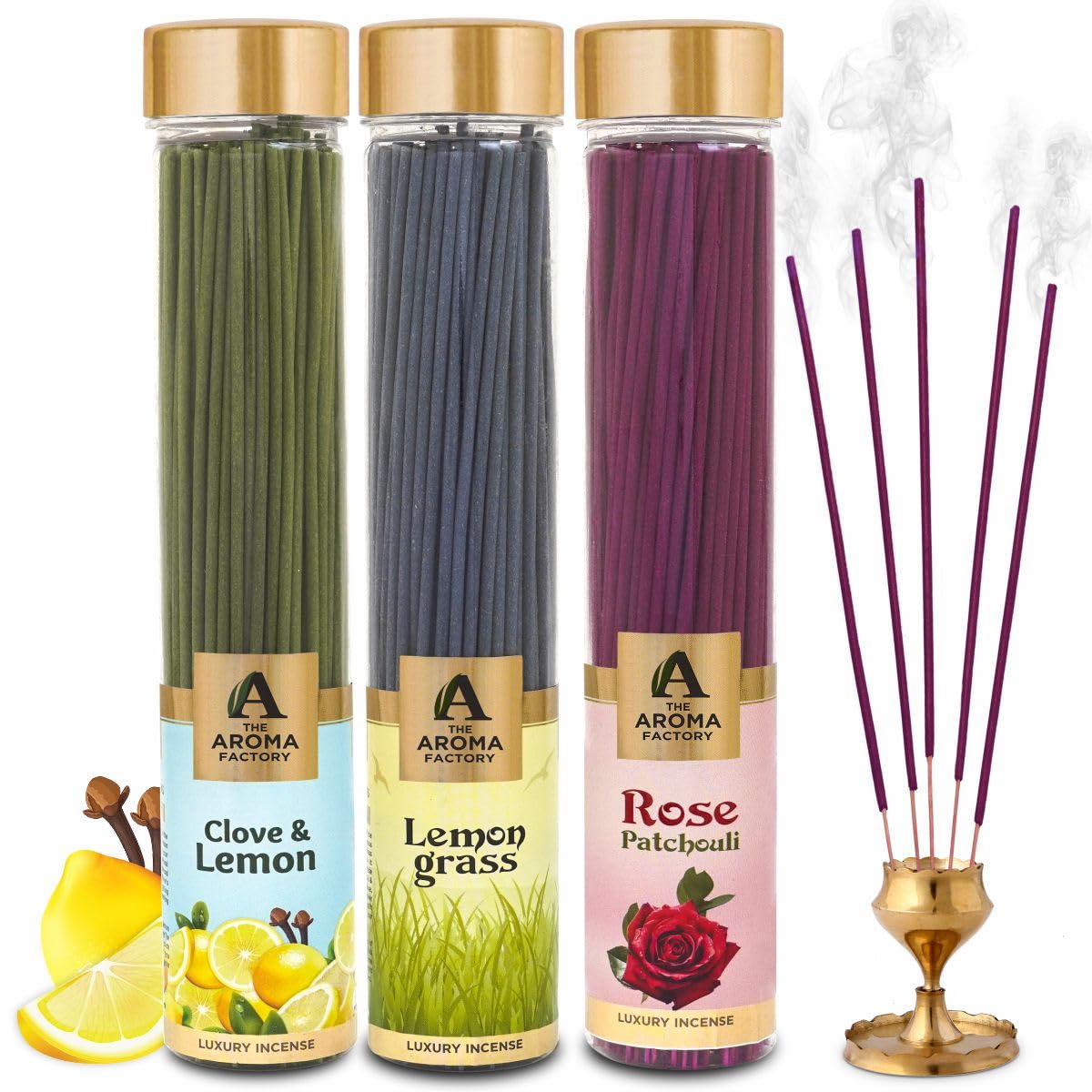 The Aroma Factory Organic Incense Sticks (Herbal Agarbatti for Smudging, Cleansing) 0% Charcoal, 0% Sulphur, 3 x 100g Bottle (Clove & Lemon, Lemongrass & Rose Patchouli)