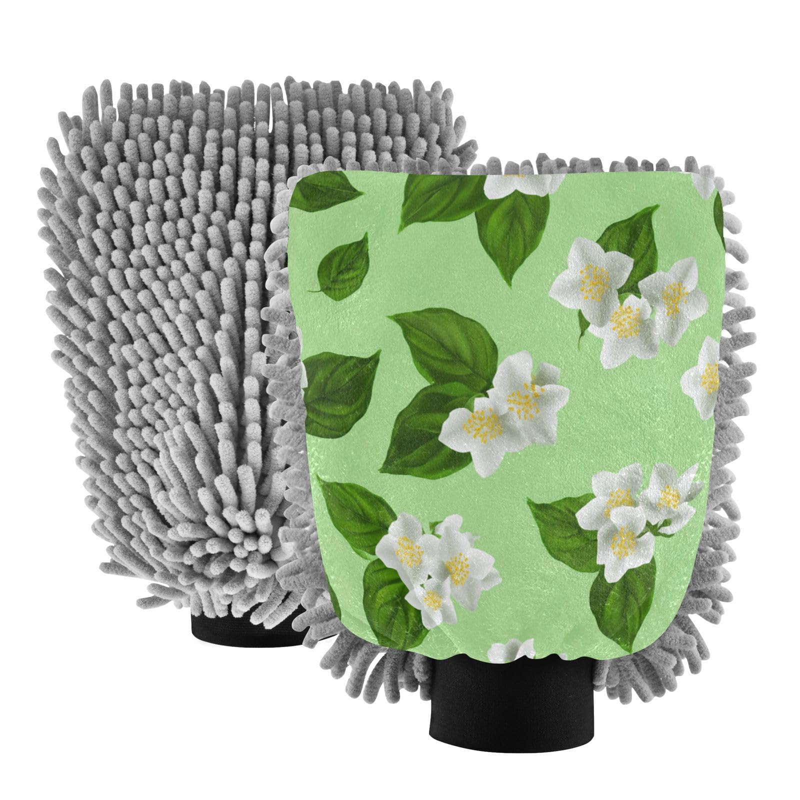 Kigai White Jasmine Flowers Car Wash Mitt Microfiber, 2Pcs Scratch Free Lint-Free, Premium Chenille Microfiber Mitt Car Wash Brush-L
