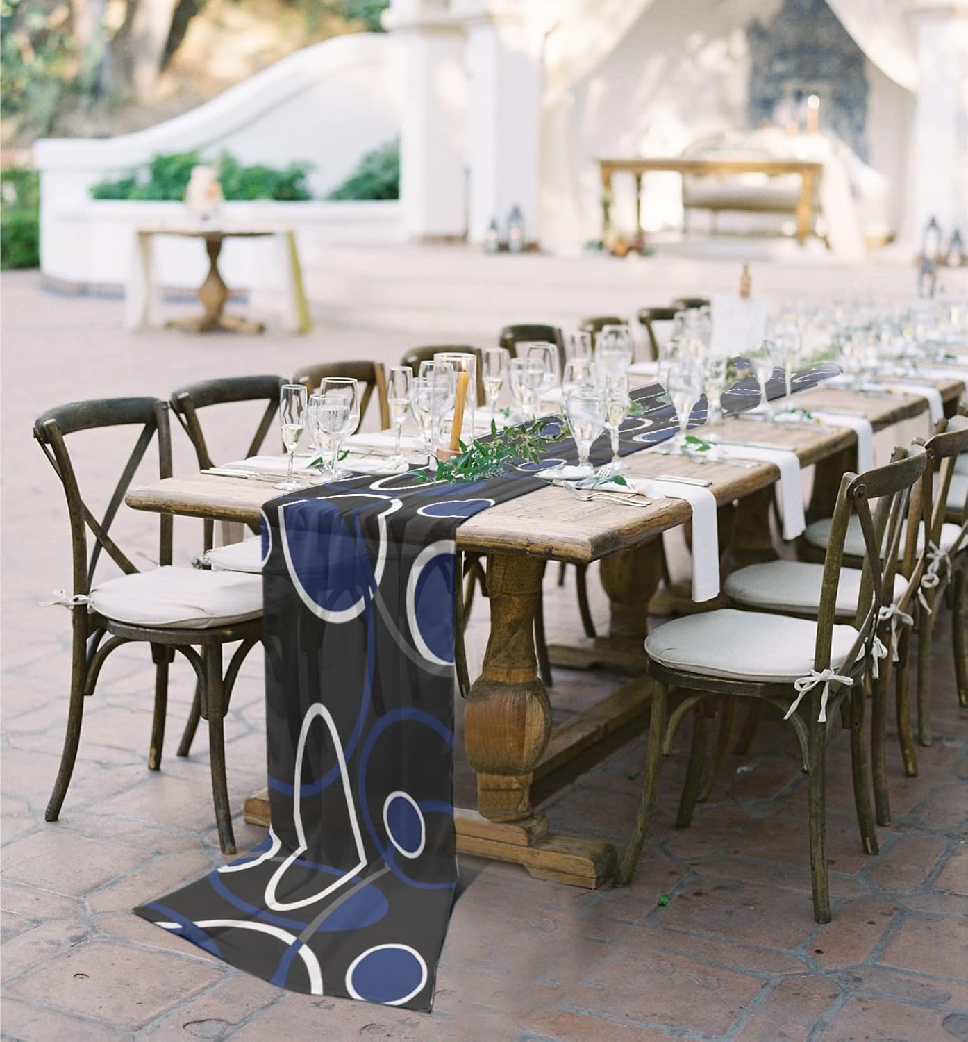 Double Love Geometric Navy Blue Chiffon Table Runner 120 Inches Long