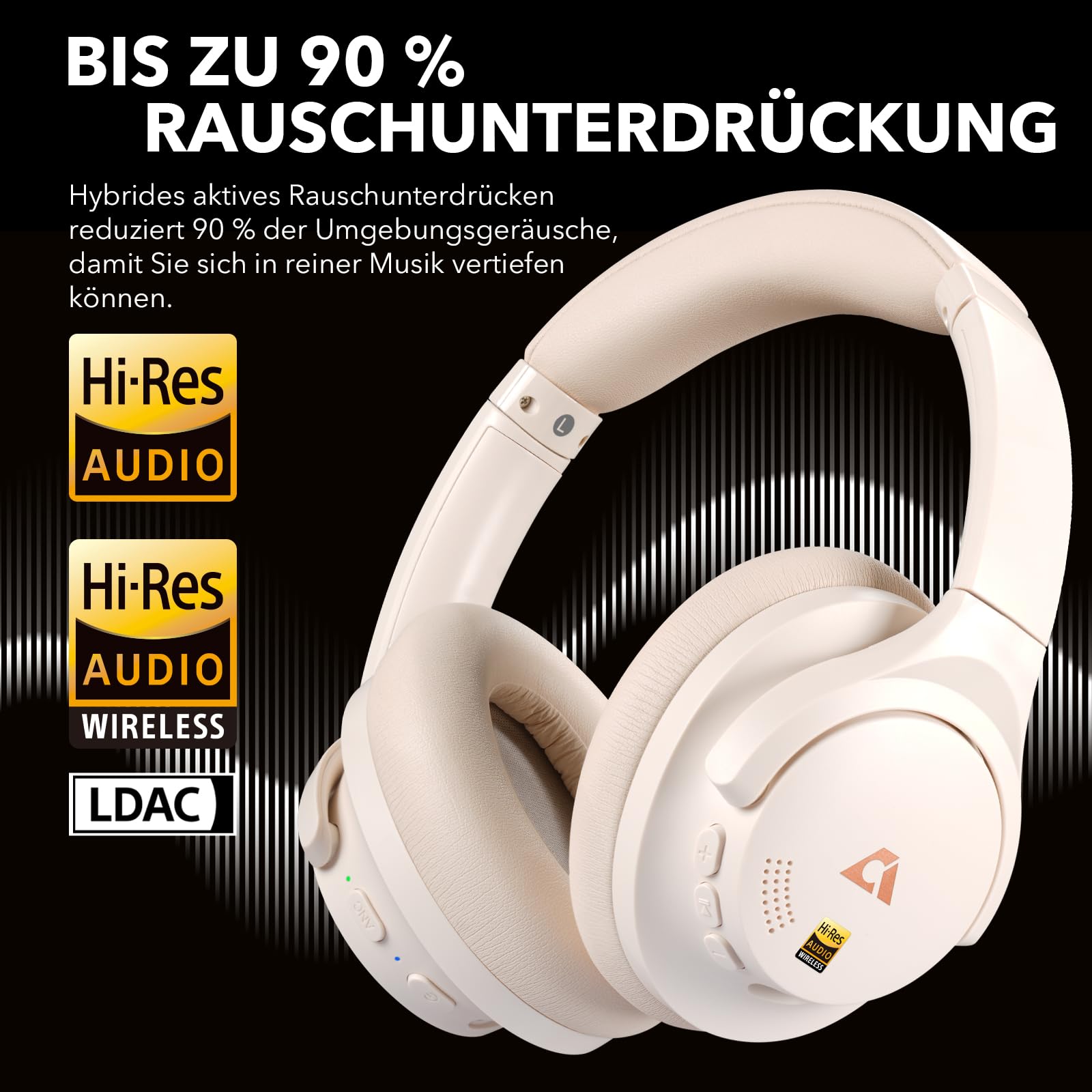 1Mii Y8+ Hybrid Active Noise Cancelling Kopfhoerer Over-Ear Bluetooth 6.0 Kopfhörer Kabellos mit 100h Spielzeit, Faltbar Bequemer, LDAC Hi-Res Audio, EQ via App, für Reisen und Flugzeug, Beige
