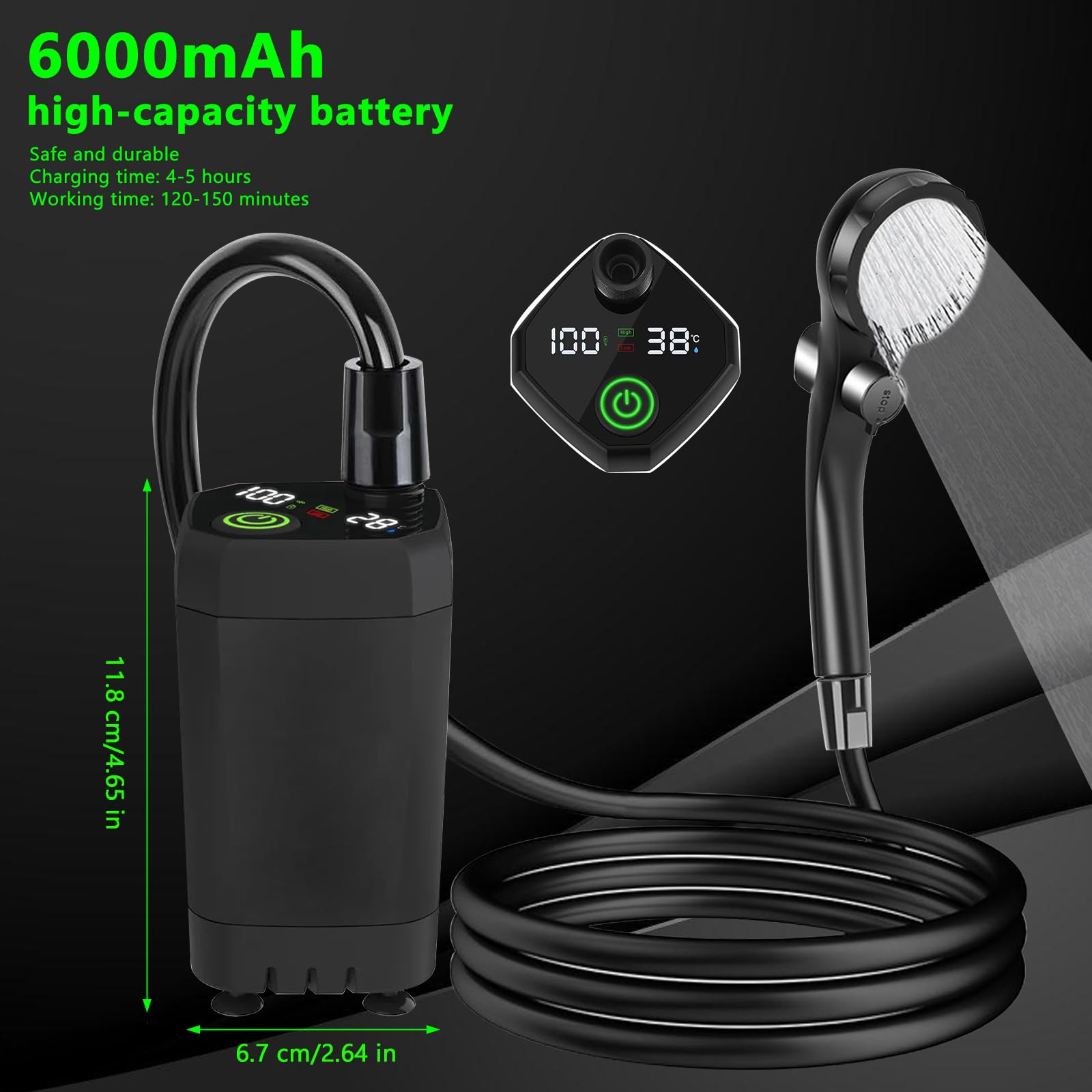 GBKDQQ Doccia da Campeggio Portatile, Doccia da Campeggio con Batteria da 6000mAh, Secchio Pieghevole da 20L, Indicatore di Temperatura, Testa Doccia e Tubo da 2m per Lavaggio Auto, Giardino, Spiaggia