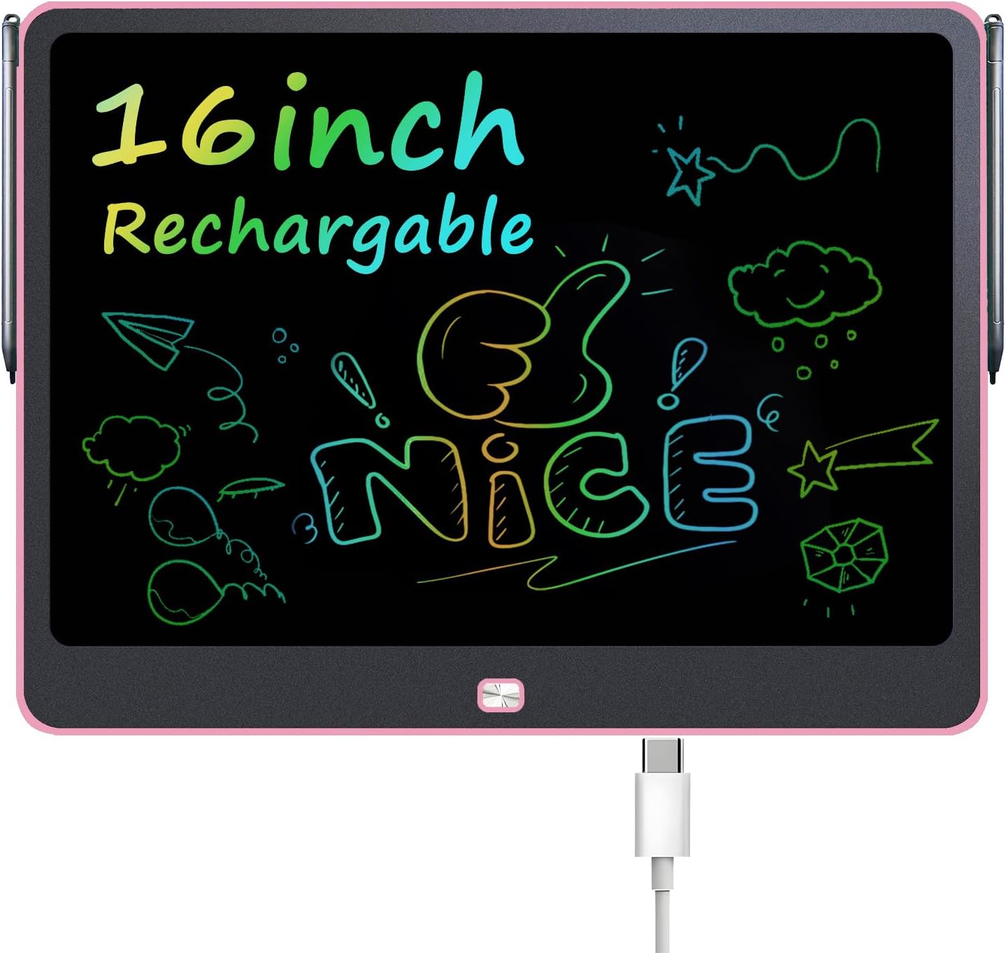 Rechargeable 16 inch LCD Writing Tablet, Large Colorful Drawing Tablet, Doodle Board for Ages 3-12 Years Old Boys Girls, Electronic Drawing Pad for Kids, Gifts for Christmas & Birthday (Pink)