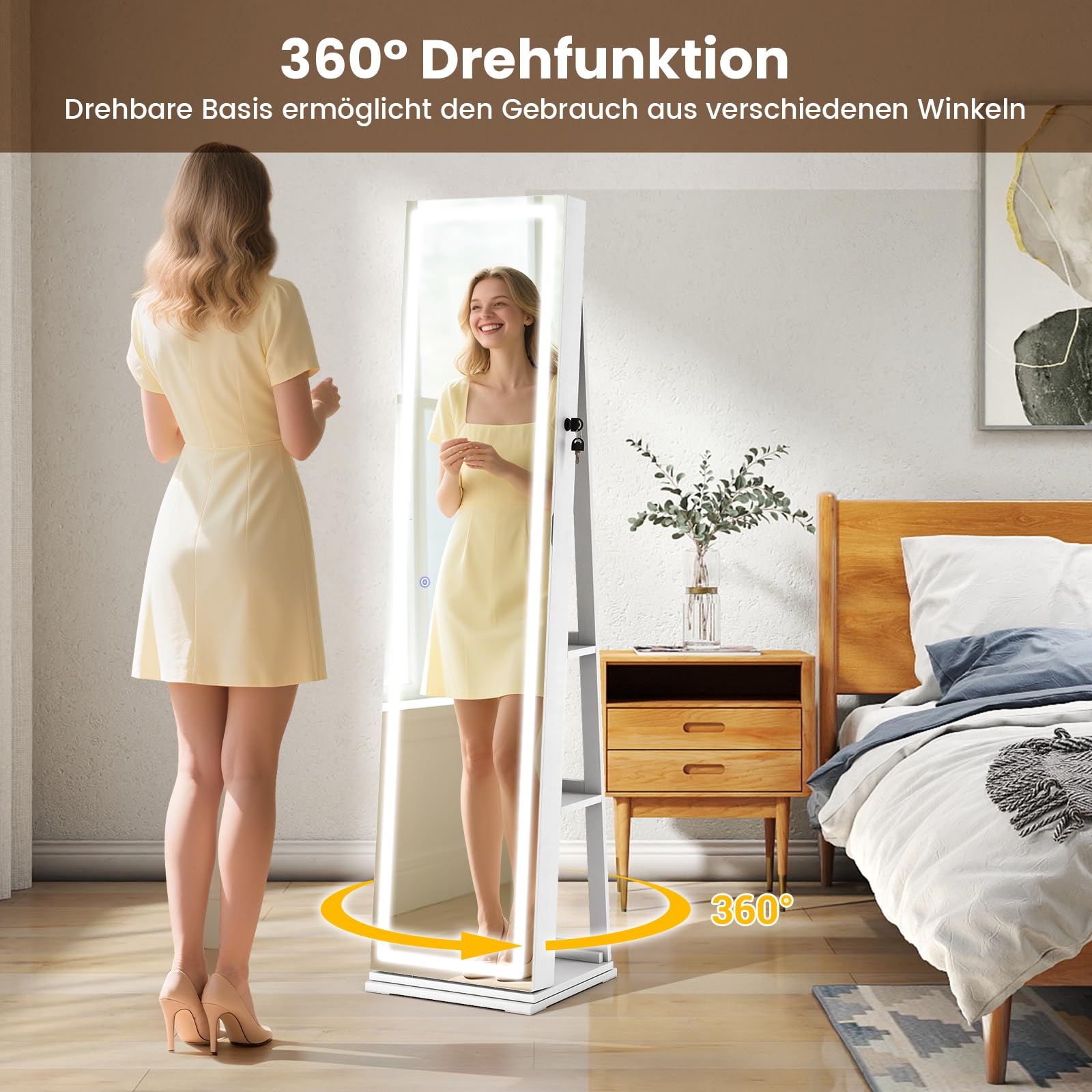 COSTWAY szafka na biżuterię obrotowa o 360° z pełnym lustrem LED, szafka z lustrem zamykana z lustrem do makijażu, stojąca organizerka na biżuterię do łańcuchów, kolczyków, kosmetyków (Biały)