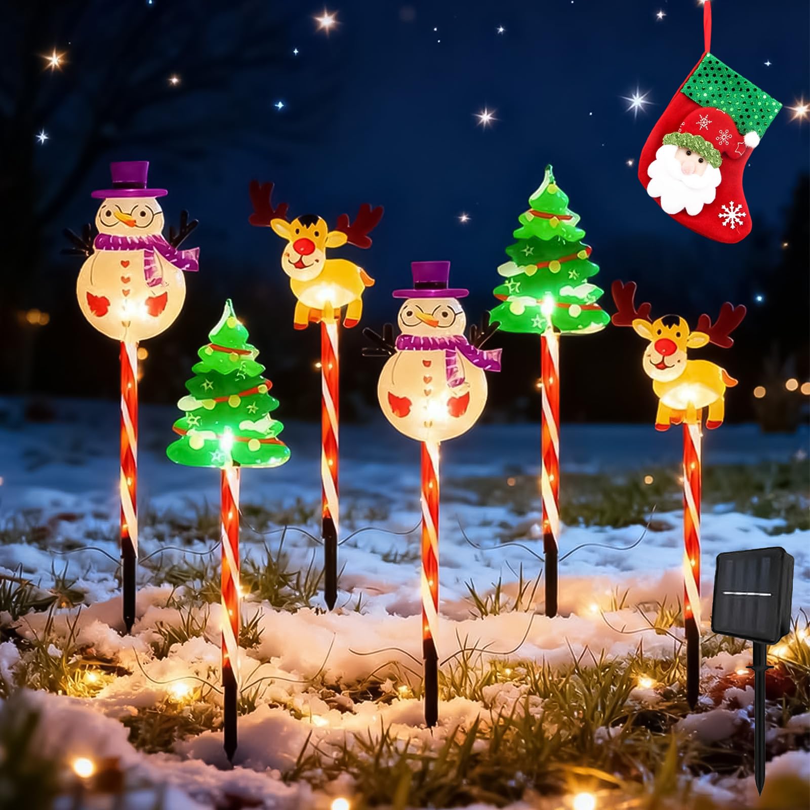 6-Pack Moving Solar Christmas Lights, Courtyard Tree Snowman Reindeer, LED Waterproof Solars Christmas Lights Outdoor Decorations, Solars & Battery Power, for Patio, Lawn & Pathway (A,Solar)