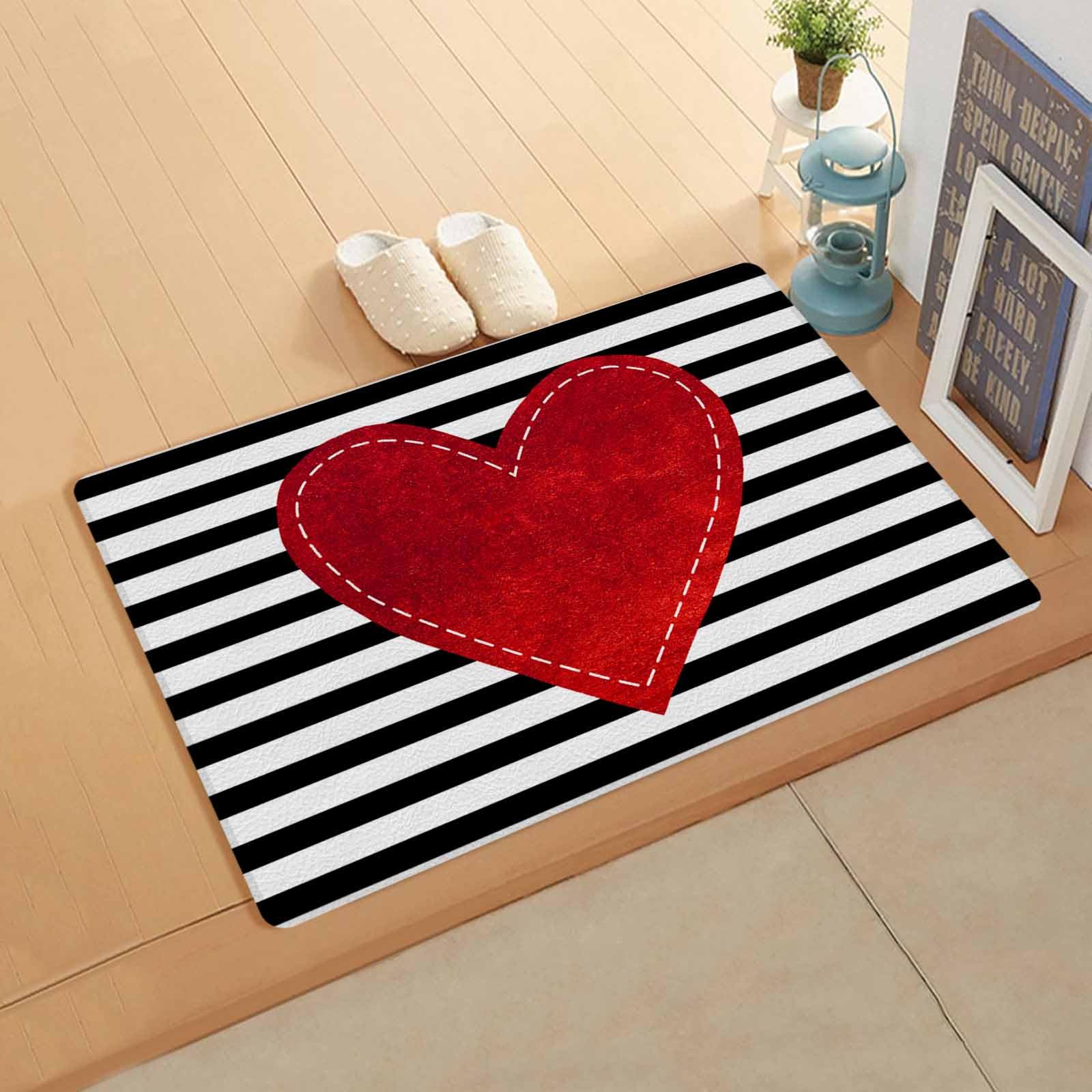Red Love Kitchen Bath Door Mat Cushioned Runner Rug,Washable Welcome Floor Sink Antifatigue Mat,Waterproof & Non-Slip Comfort Standing Doormat,Valentine's Day Black Geometric Stripes 18