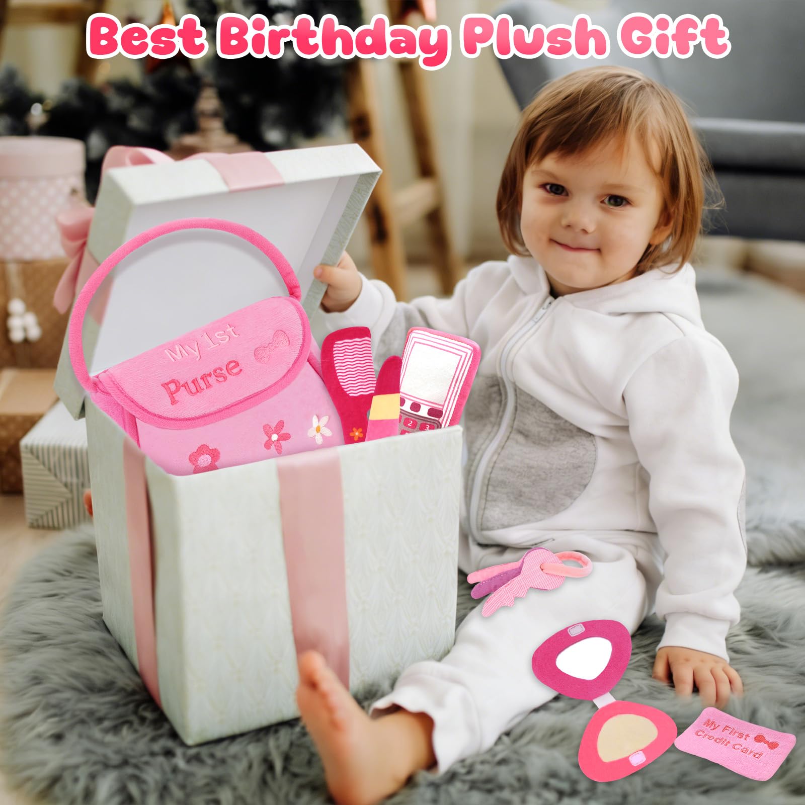 My First Pink Purse Plush, Baby Purse Set with 6 Pcs Makeup Plushies for Toddlers, First Birthday Gifts for Girls