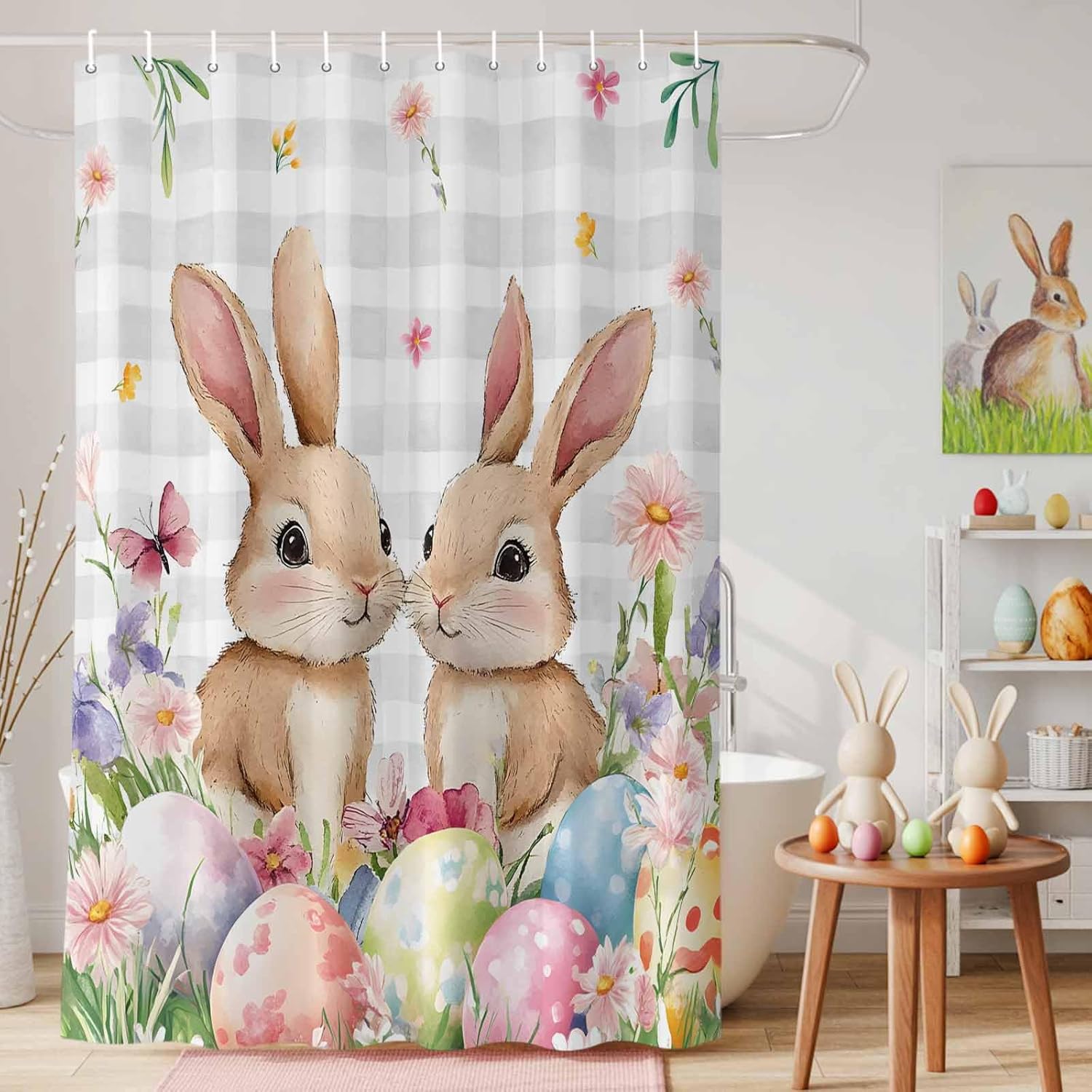 LooPoP Easter Shower Curtain Bunny Eggs Bathroom Curtains with Hooks, Waterproof Polyester Fabric Spring Flower Rabbit Grey Plaid Shower Curtains Set for Bathroom Bathtubs Spring Decor 72x96 Inch