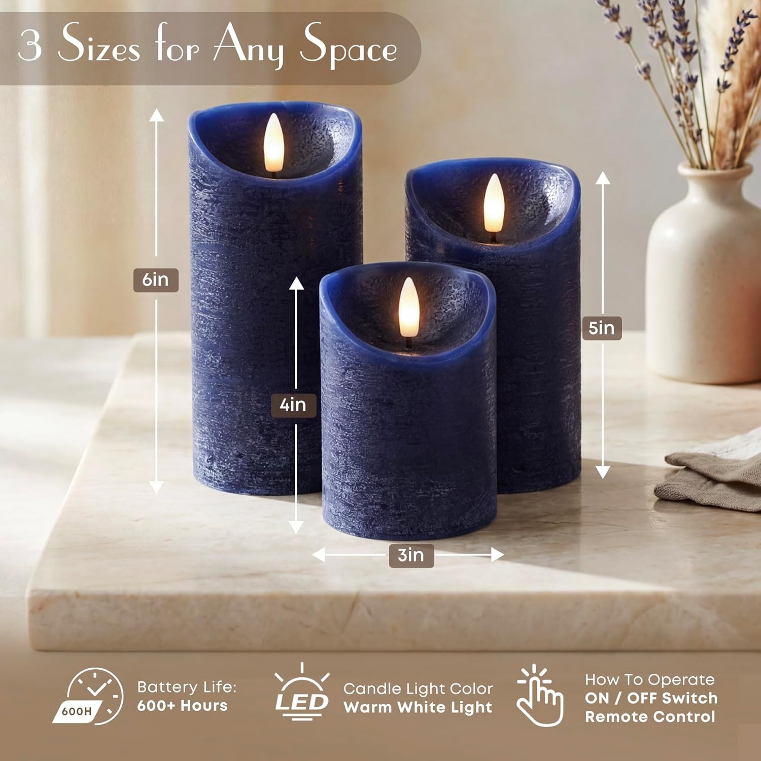 Elyrae Navy Blue Flameless Candles with Remote and Timer, Real Wax Made LED Pillar Candles Battery Operated with 3D Flickering Flame, 3" x 4",5",6", Navy Blue Decor, Set of 3