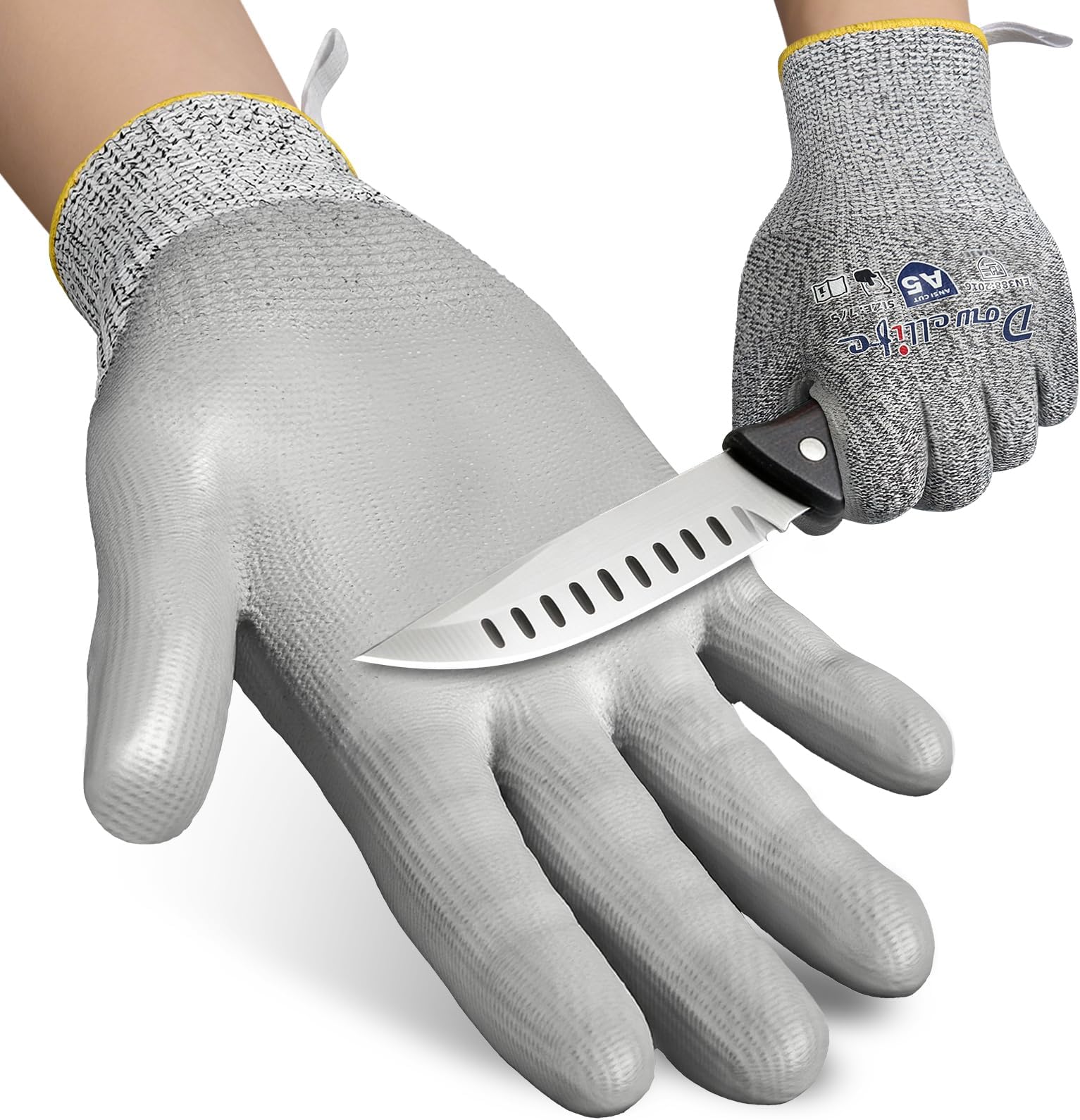 Dowellife Cut Resistant Work Gloves for Men & Women - ANSI A5 & EN388 Level 4, Breathable PU Coated, Grey Non-Marking - for Gardening, Fishing, Automotive, Construction, Wood Carving (Large, Grey)