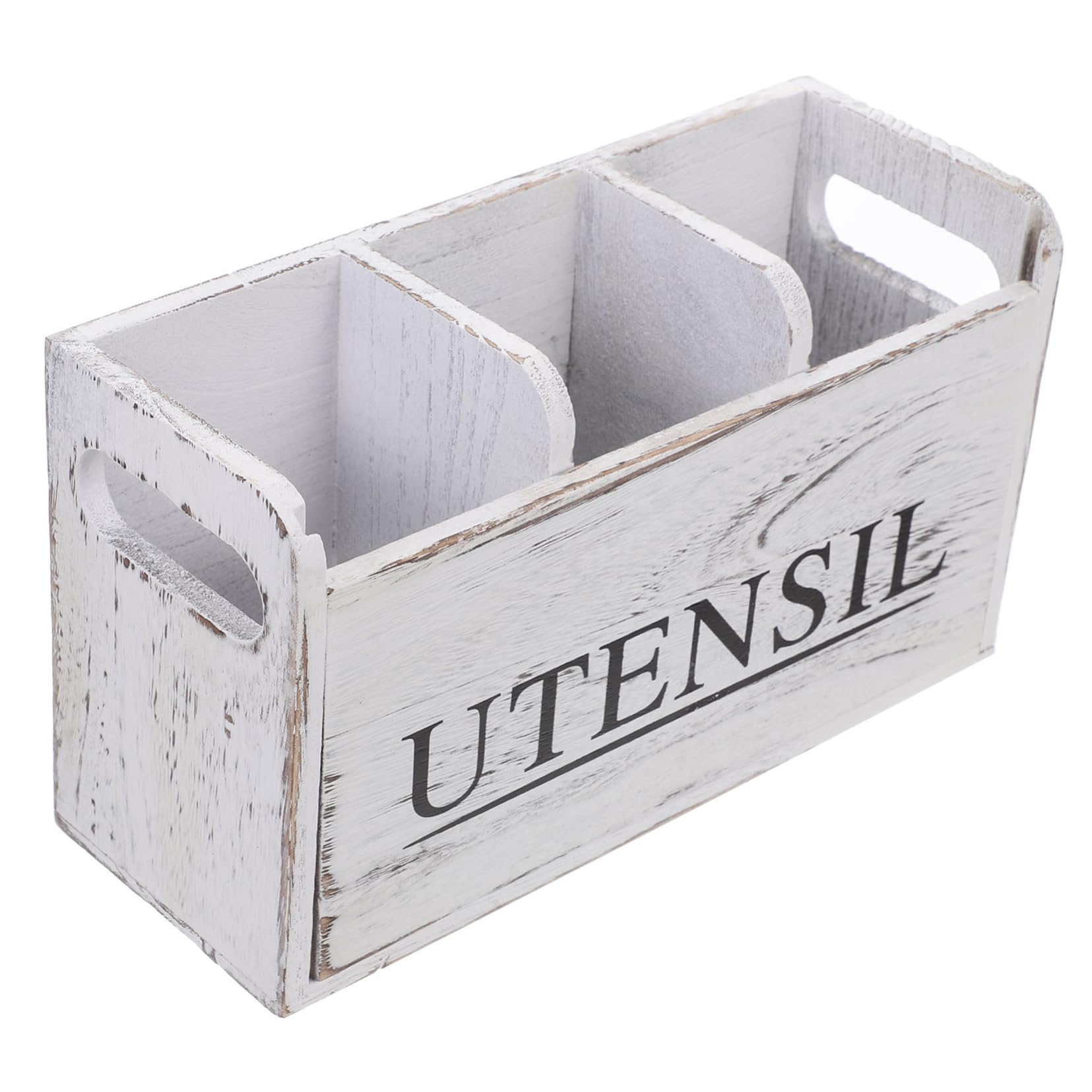 Sosoport Rustic Wooden Cutlery Holder Kitchen Utensil Organizer with Compartments Farmhouse Style Countertop Storage for Forks Spoons and Miscellaneous Items