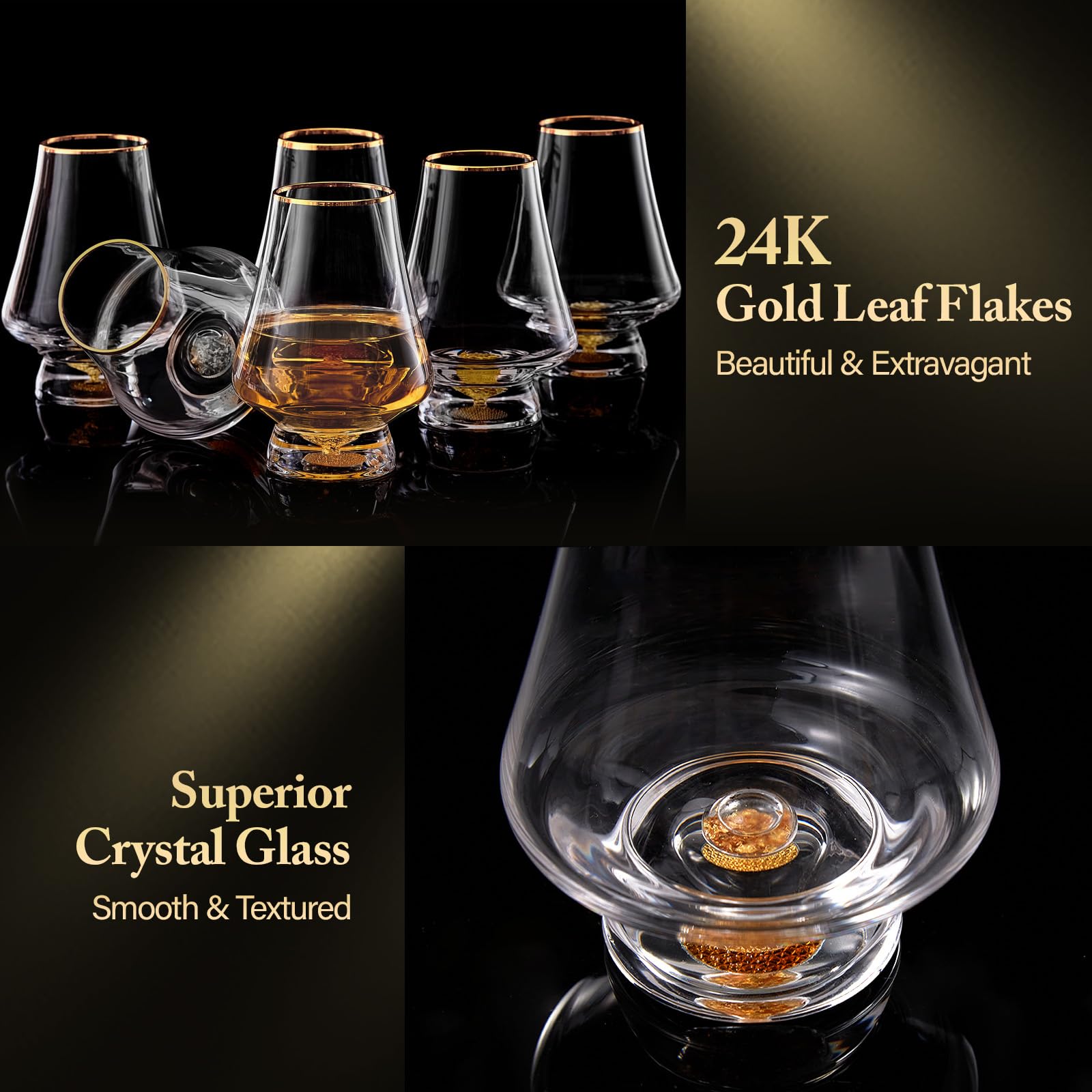 DUJUST Snifter Set de 6 copas (8 oz), vasos whisky cristal cristal con hojas de oro de 24K, aptos para whisky/brandy/cognac/bourbon/tequila/scotch. Sin BPA ni plomo