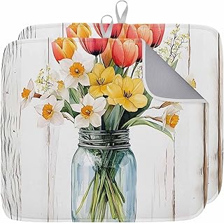 Spring Flower Vase Dish Drying Mat 2 Pack, Country Red Yellow White Tulip Leaf Glass Vase Wood Grain Absorbent Heat Insulating Kitchen Drying Pad Drainer Mats for Sink Counter Dishes 16 X 18 Inch