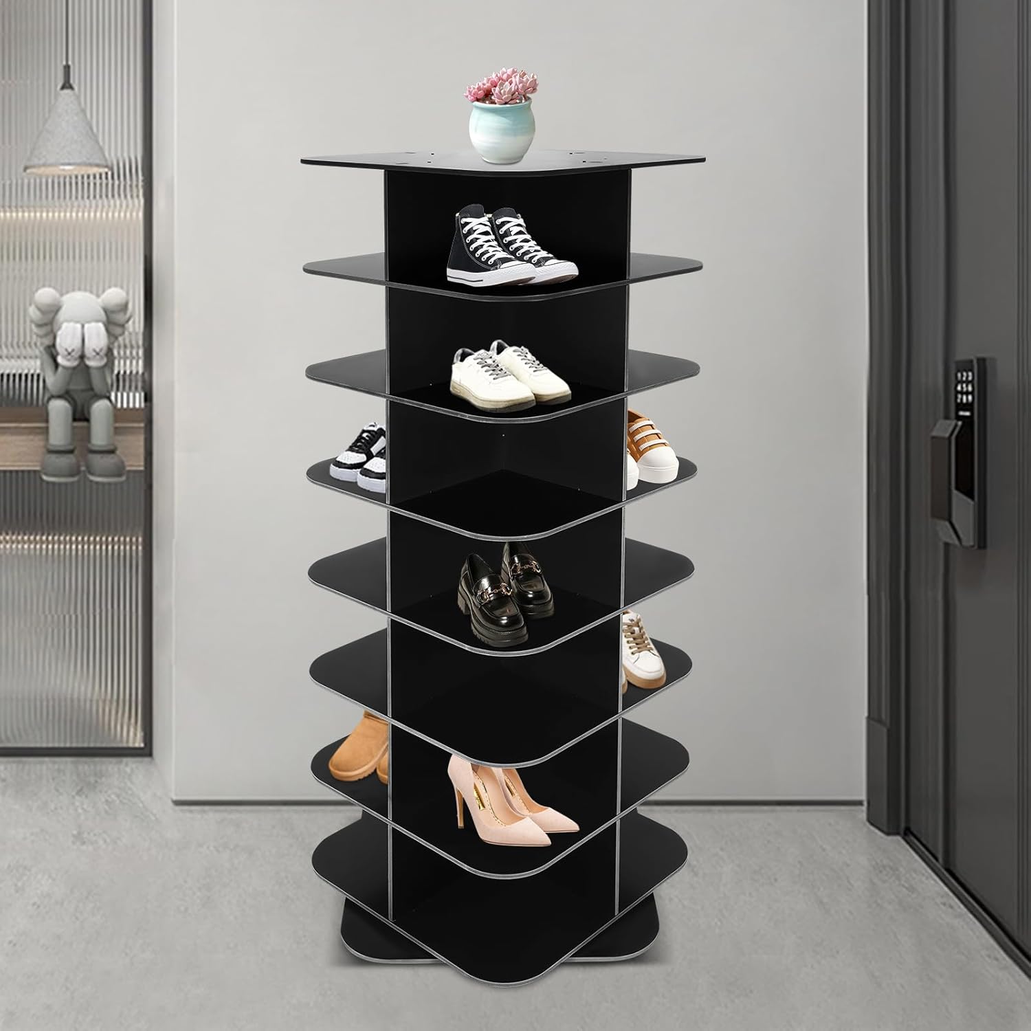 Eapmic Rotating Shoe Rack Tower, 7-Tier Free Standing Spinning Shoe Organizer 360° Revolving Shoe Rack,Multifunctional Space-Saving Entryway Cabinet for Shoes, Books (Square,7 Layer,Black,PVC)
