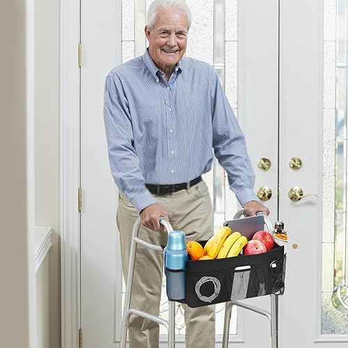 Miniatura 2 de CTWWFS Cesta de andador mejorada con soporte para tazas, bolsa de almacenamiento plegable para personas mayores con gran capacidad y nunca se