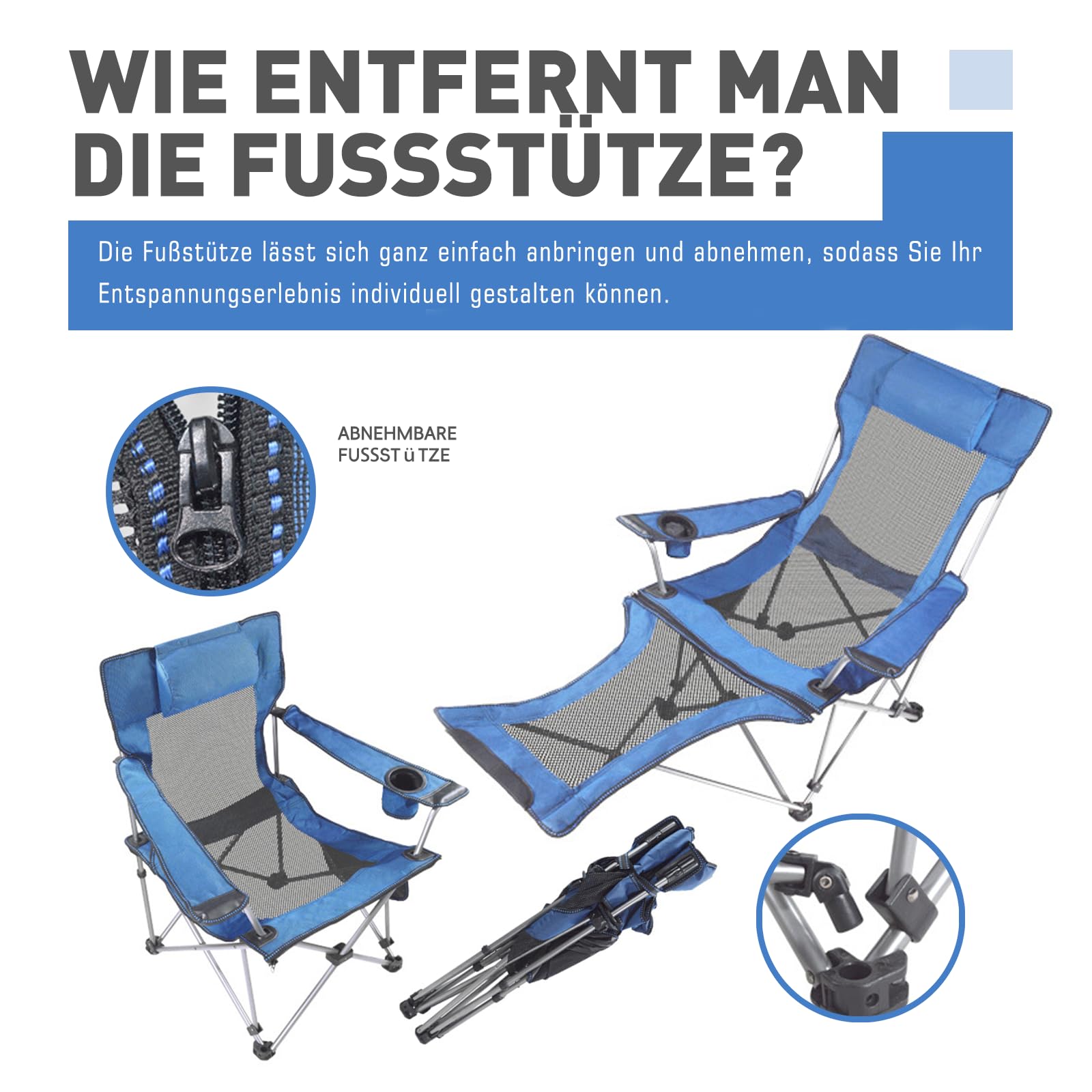 Chaise de Camping Pliante avec Repose-Pieds, Porte-gobelet, Chaise Longue d'extérieur réglable avec Tissu en Maille, Bleu