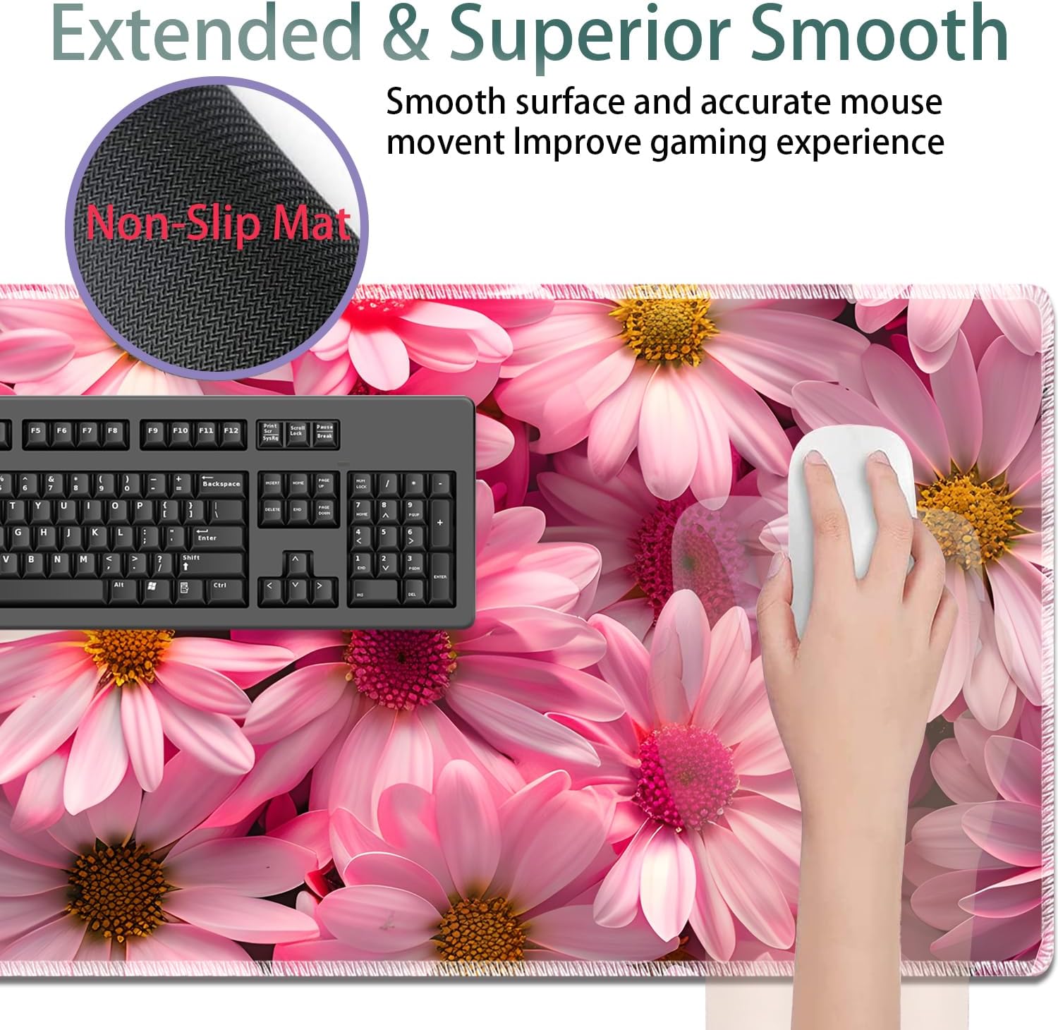 Large Gaming Mouse Pad + Keyboard Wrist Rest + Wrist Support + Coaster Set, Memory Foam Ergonomic for Easy Typing, XXL Extended Gaming Mouse Pad Table Pad - Pink Daisy